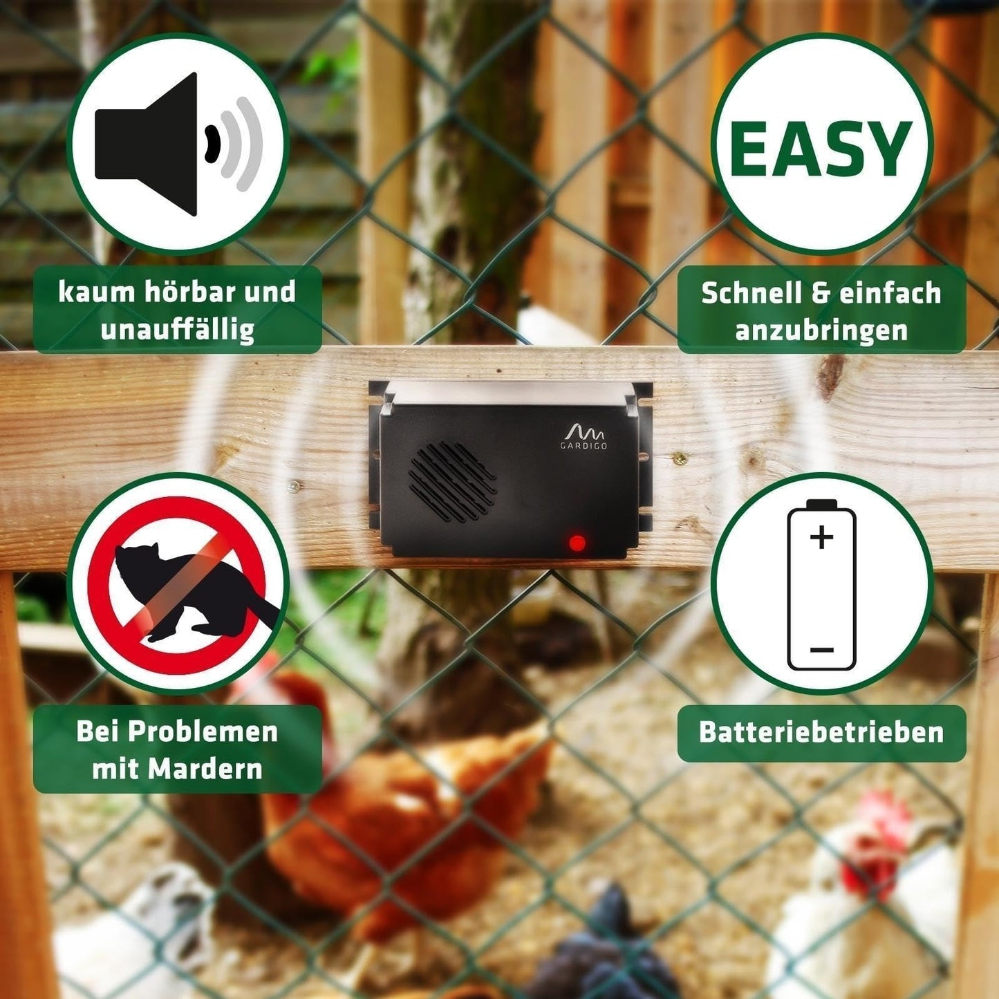 GARDIGO® Marten Repellent Mobile Marten-Free Ultrasound Marten Repellent Battery Operated Marten Protection for Vehicles, Engine Compartment, Attic, House, Garden Interval Switching