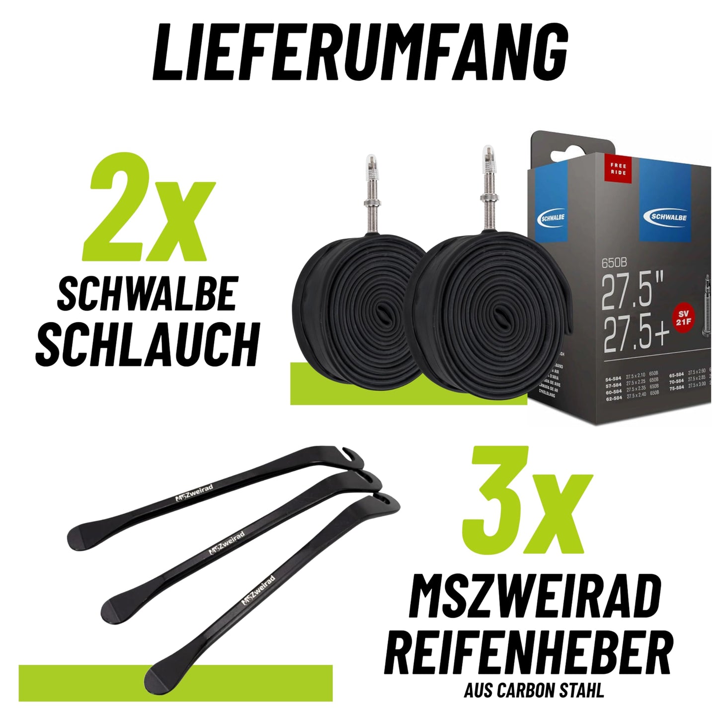 2-pack Swallow tube 21F SV 40mm Freeride 27.5 inches (54/75-584) + MSZweirad tire lever