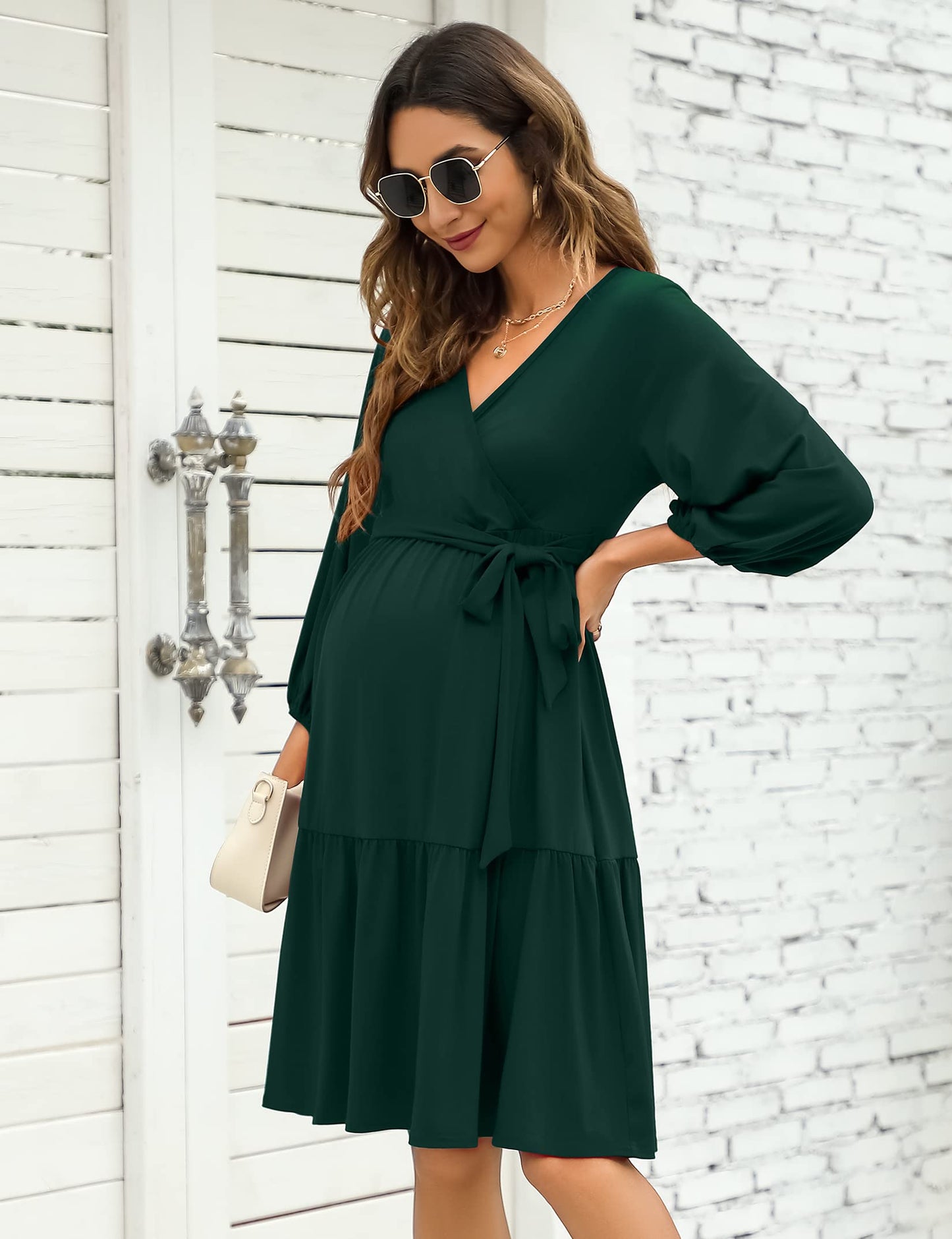 KOJOOIN Women's Maternity Dresses V-Neck 3/4 Sleeve Ruffle Pregnancy Dresses with Belt Dark Green (3/4 Sleeve) M