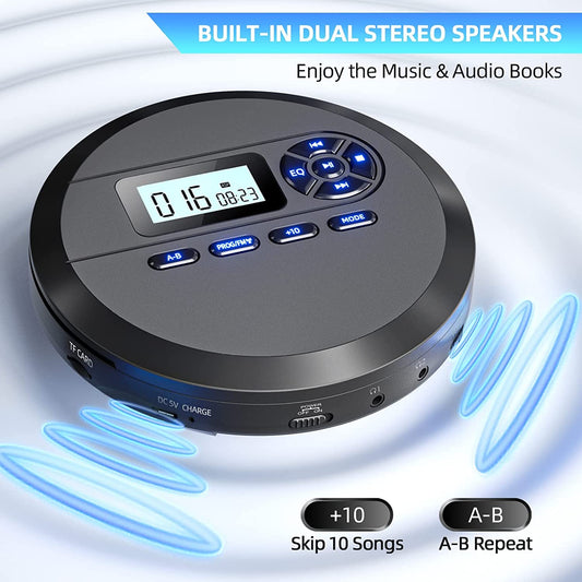 Portable CD player, DESOBRY CD Player Portable with speakers and FM transmitter, Discman for car, 2000mAh battery, headphones, AUX cable.