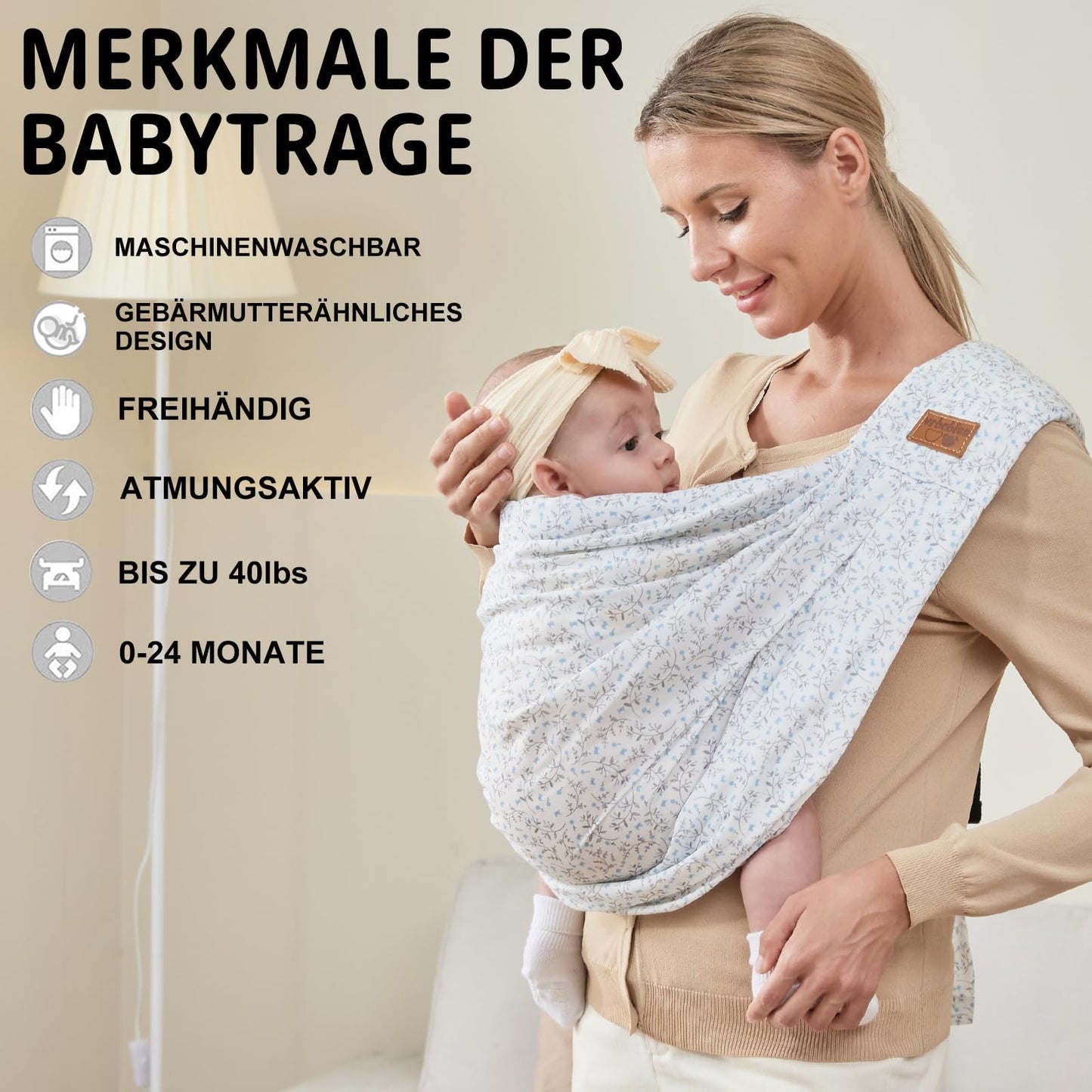 vrbabies Baby Carrier, Baby Wrap Front Carrier for newborns to toddlers, New upgraded adjustable baby carrier on one shoulder for babies 0-24 months up to 40 lbs (Small blue flower)