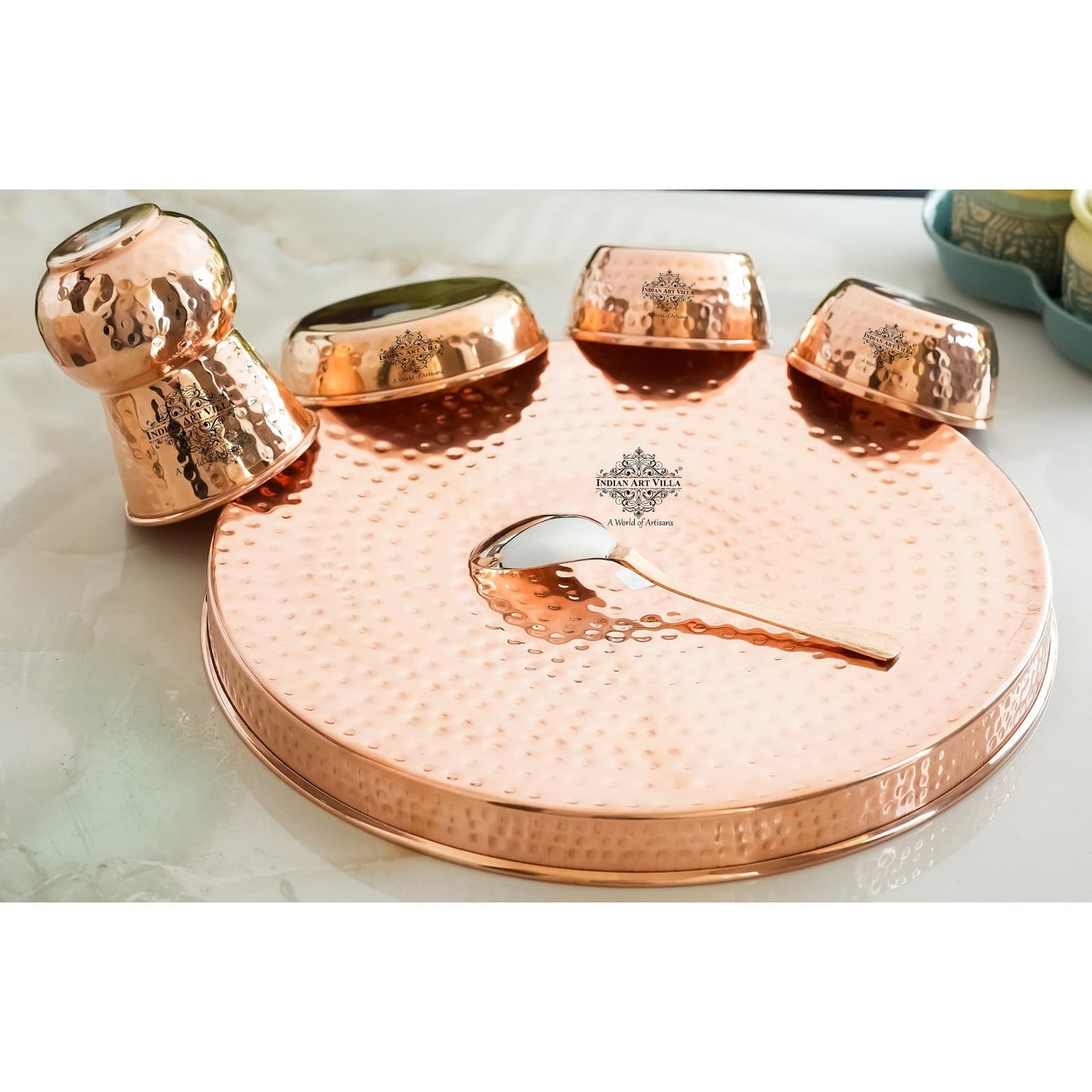 IndianArtVilla Thali/Dinner-Set, handcrafted, pure copper, 8 pieces