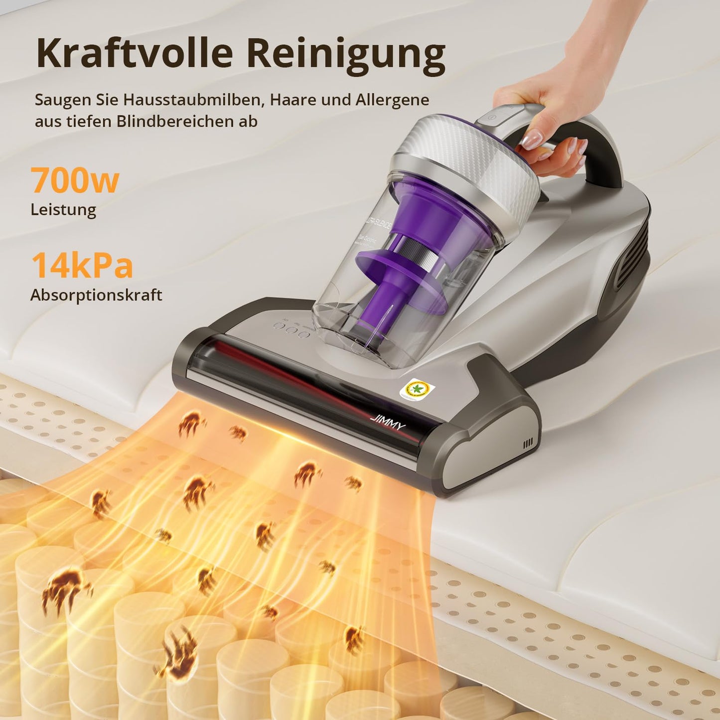 Jimmy JV35 mattress vacuum cleaner with UV-C light, 700W power, hot air function, double cyclone, bed vacuum and mattress cleaner for mattresses, beds, sofas.
