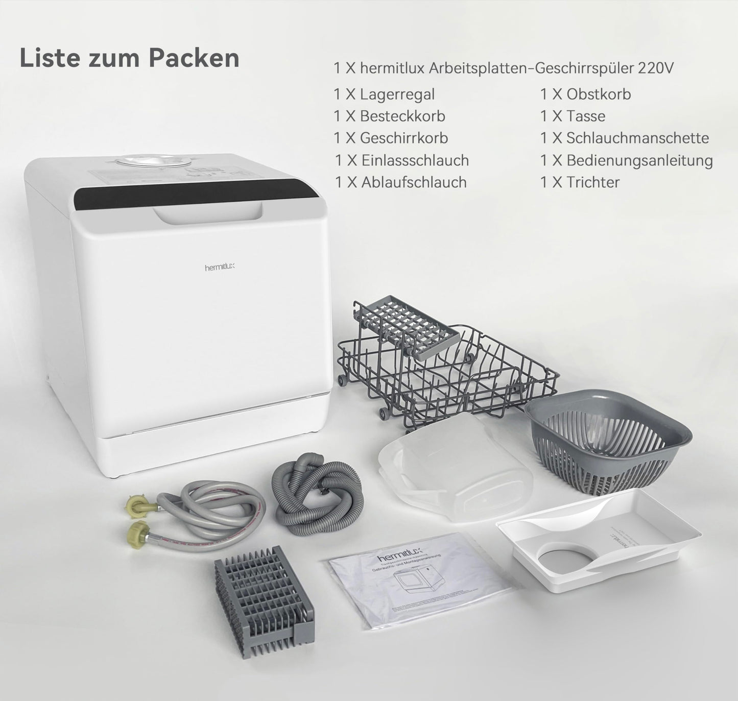 Hermitlux table dishwasher, mini dishwasher can be used with or without water connection, 43 cm wide, space for 4 place settings, suitable for camping, 175 kWh/year, white