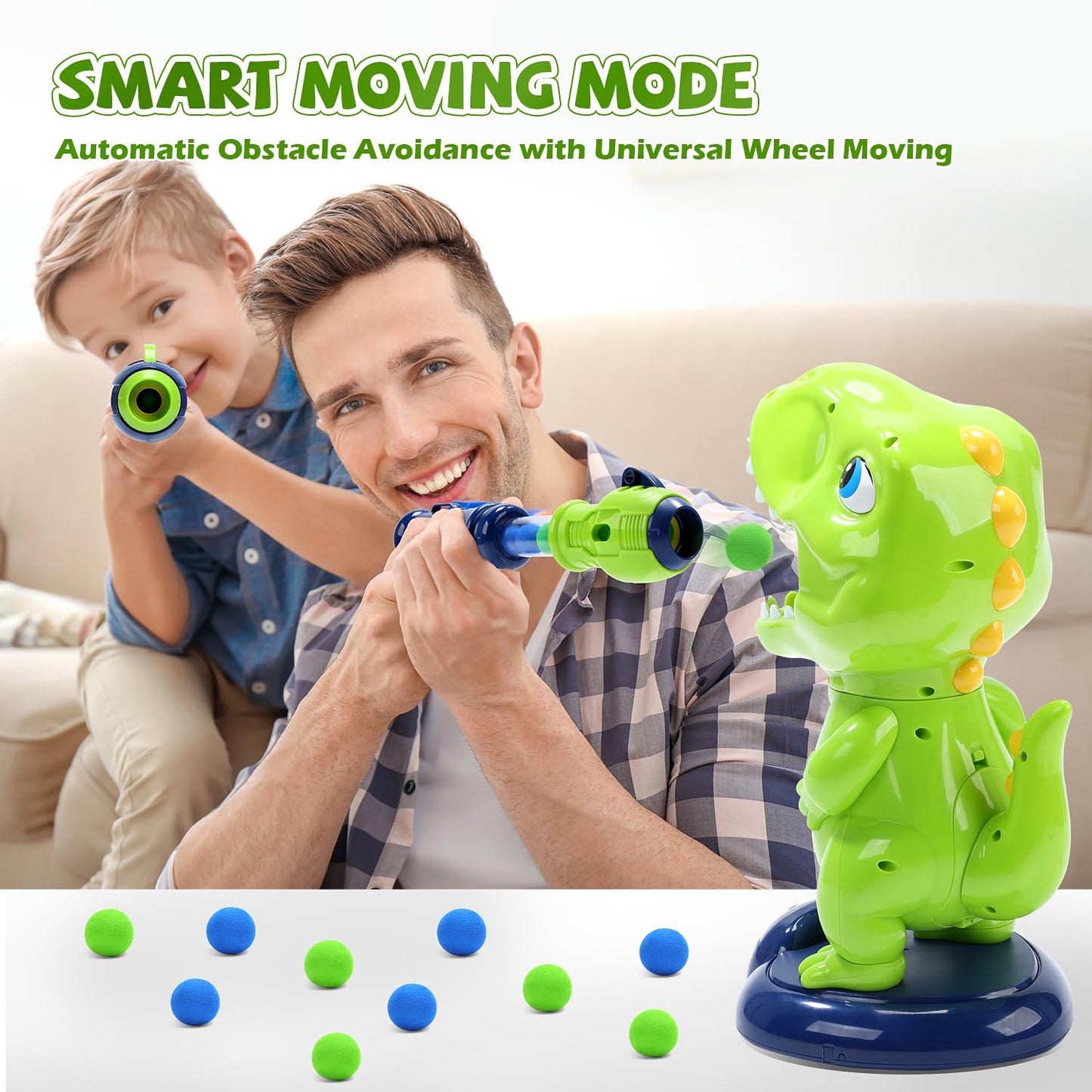 EagleStone Moving Dinosaur Shooting Toy for kids, target game with 2 air pump guns, party toy with score display, LED and sound, gift for boys and girls.