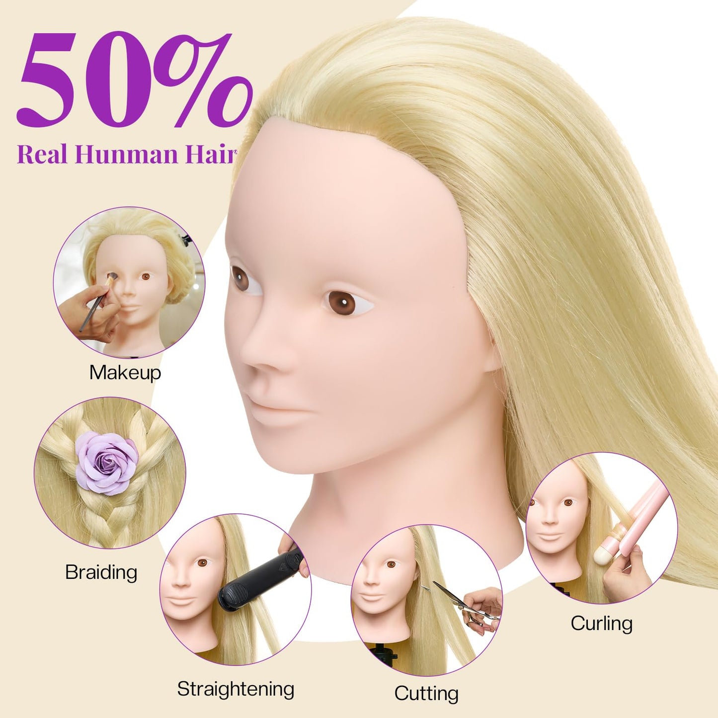 24 inch hairdressing head with 50% real hair. Ideal for practicing hair styling techniques, perfect for hairdressing students. Comes with stand and DIY hair set. Great for training hairstylists.