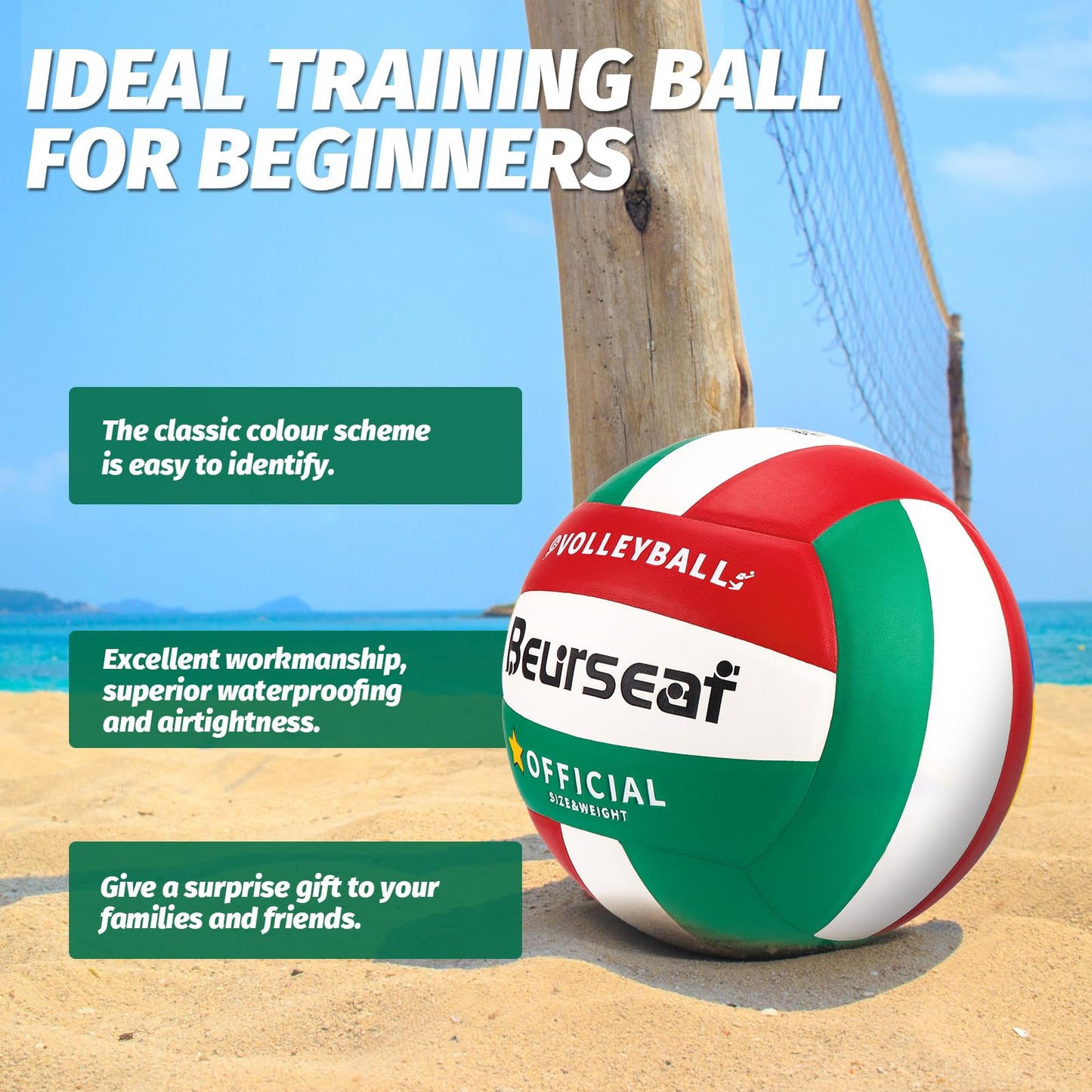 Beurseaf Volleyball, Soft Touch Beach Volleyball, Sports Volleyball, official size 5 Indoor & Outdoor Volleyball (Green & Red)