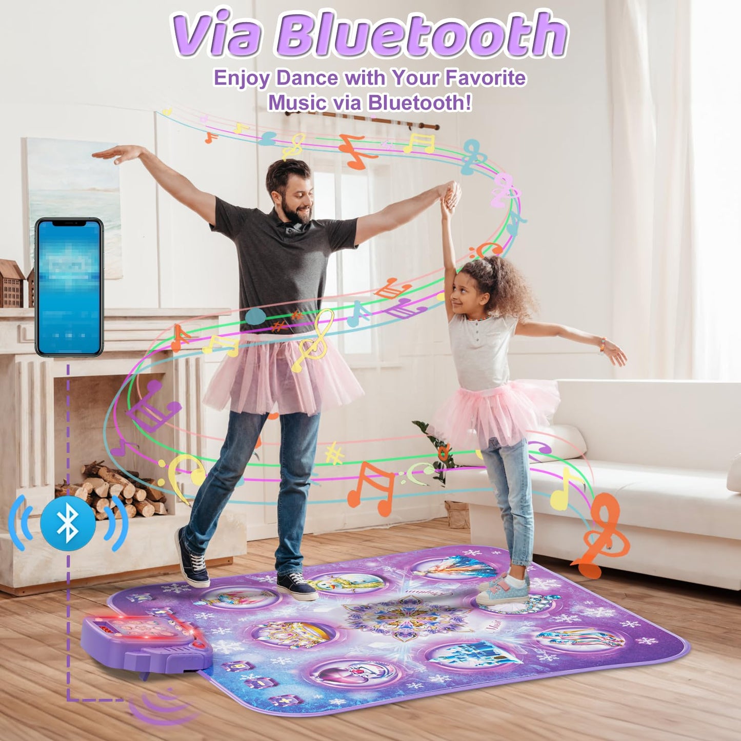Dance mat kids toy gifts for girls 3 4 5 6 7 8 9 years, 2025 8 button dance mat with Bluetooth, Flowing light control system with stands, Purple princess gift for 3-12 girls
