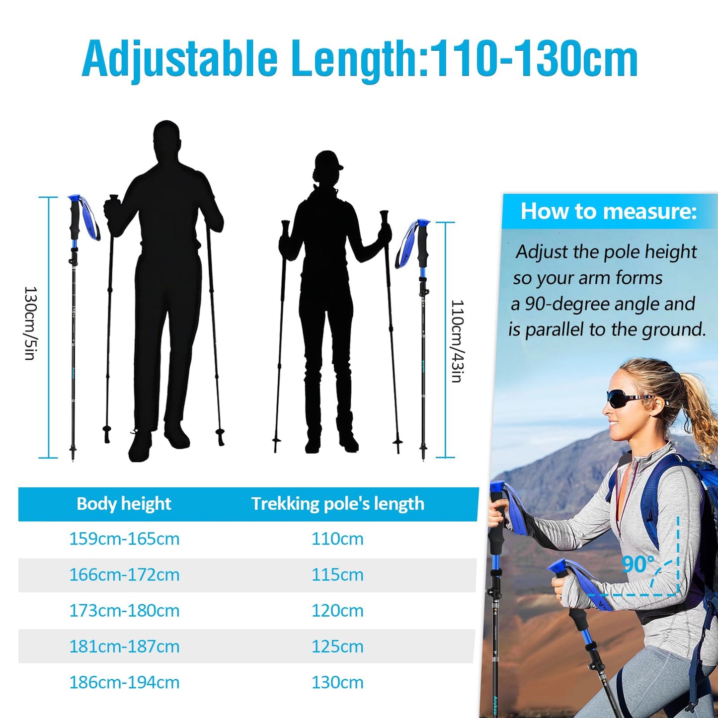 Anykuu hiking poles 2PCS adjustable 110-130cm walking sticks 7075 aluminum ultralight trekking poles with 6 pairs of accessories hiking poles for all terrain walking poles for hiking skiing.