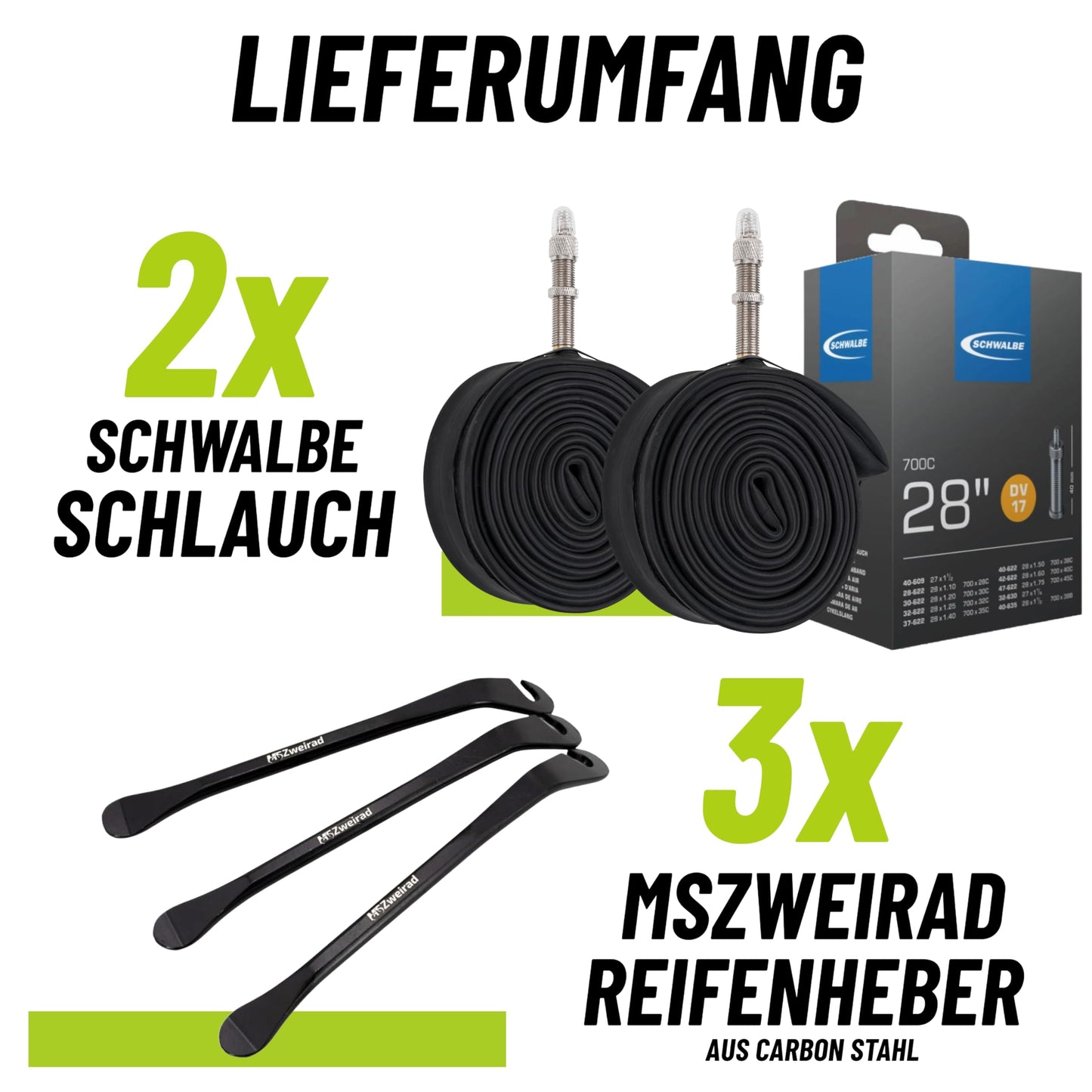 2-pack Schwalbe bicycle tube DV17 40mm 28 inches (28/47-622/635) includes 3 MSZweirad tire levers.