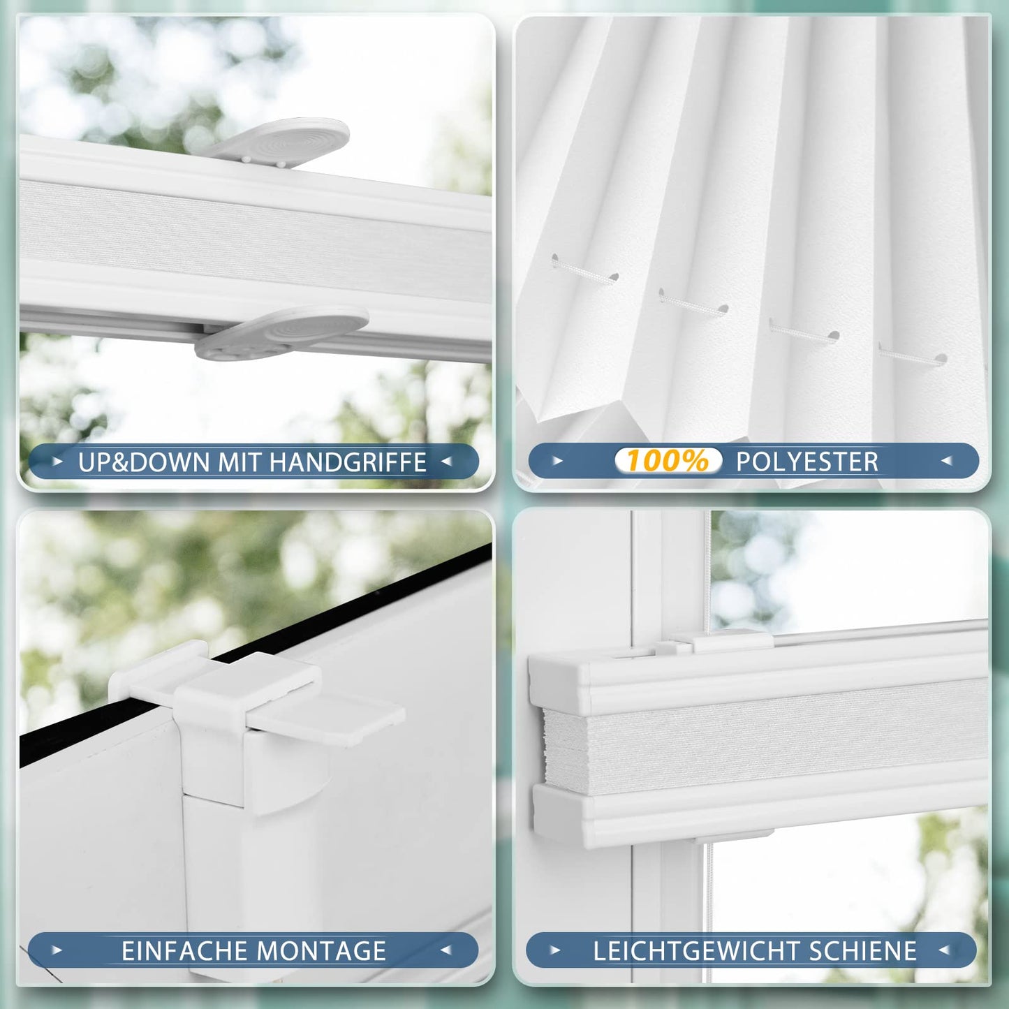 Sanfree Pleated Clip-Fix Pleated Blind Without Drilling White W60 x H120cm including Clamp Holder Opaque and light-permeable blind Foldable blind for windows & doors Privacy and sun protection blind