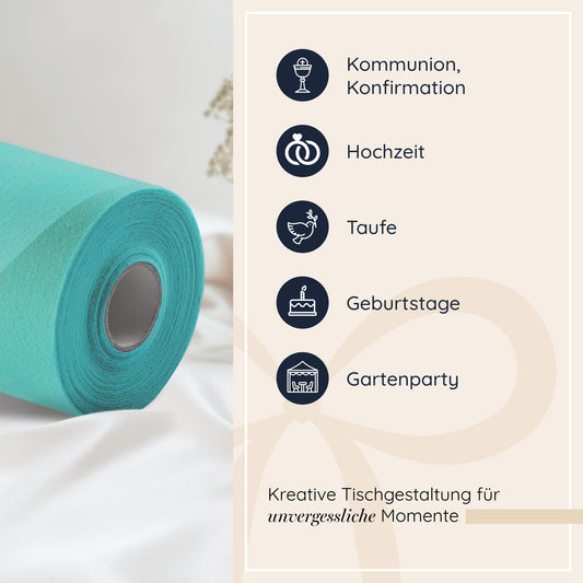 100% Mosel Fleece Table Runner, in Turquoise (30 cm x 25 m), decorative table ribbon, elegant table decoration for birthdays & weddings, colorful decoration for special occasions.