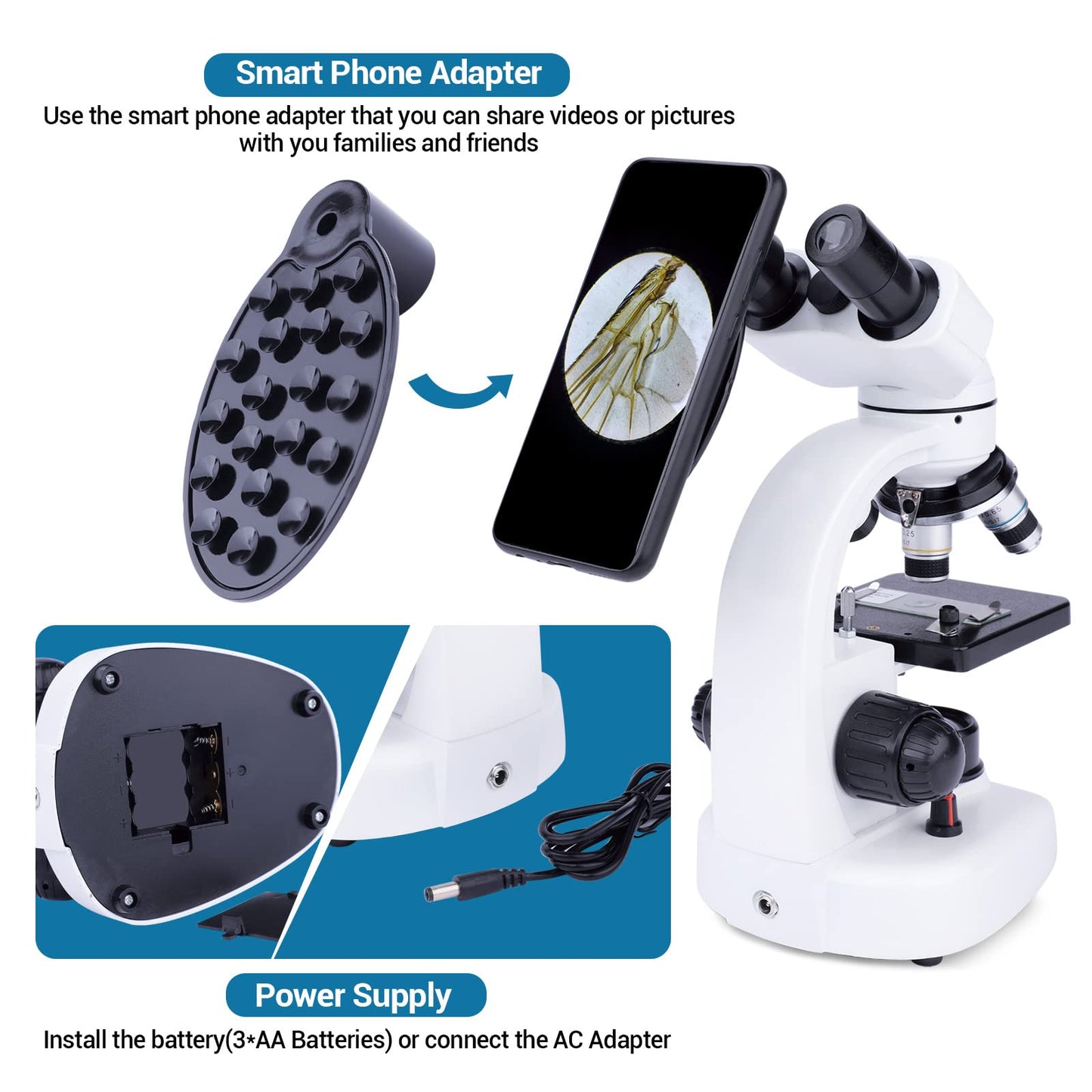 MAXLAPTER Binocular Microscope for Adults Kids, 40X-1000X Compound Microscope with Storage Bag Slides Phone Adapter and Accessories, for Teaching Laboratory Hobbyist Applications