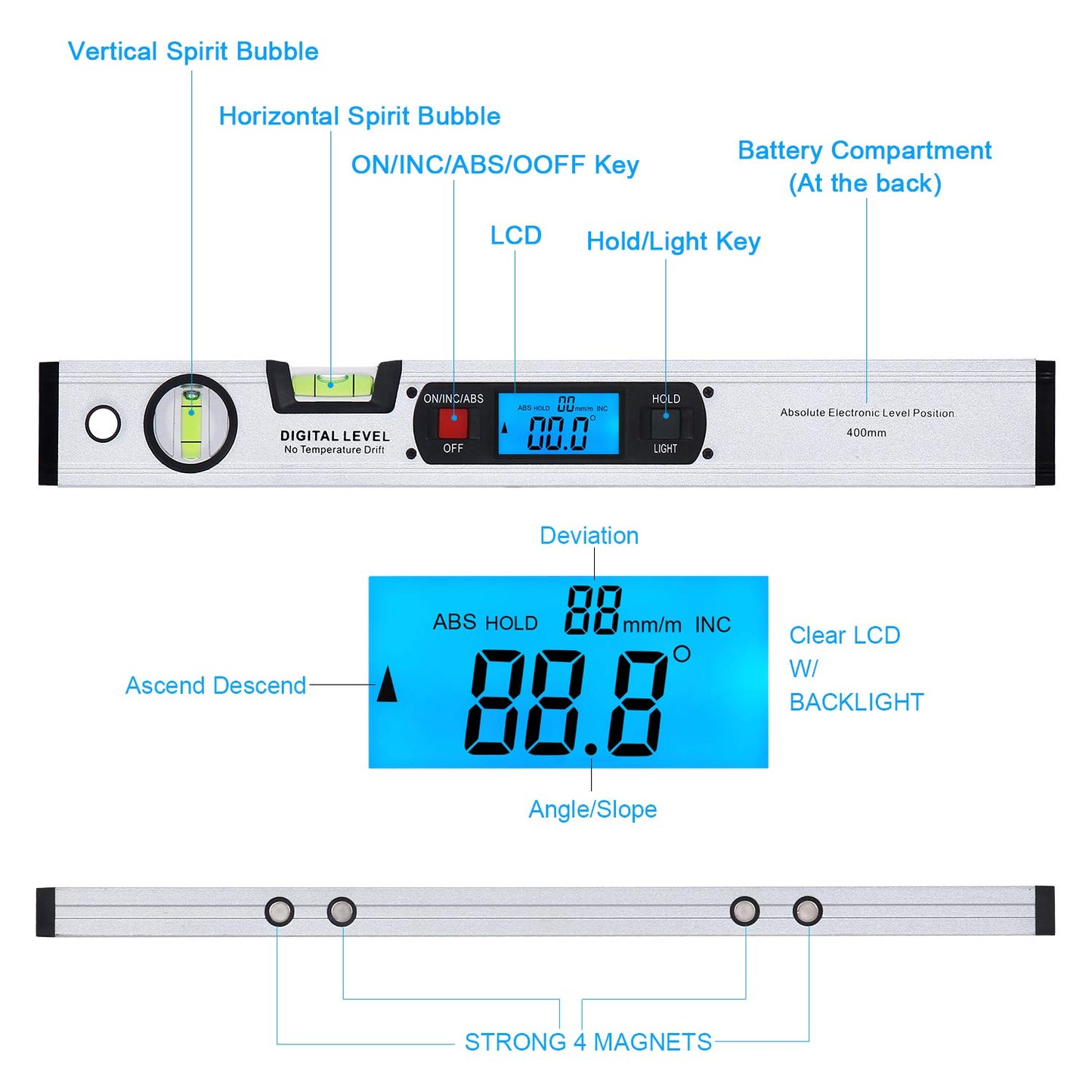 Inclinometer, RISEPRO Digital Inclinometer Angle Finder Gauge Spirit Level Vertical Magnet 360° Range 416mm long with backlight 82112 S.