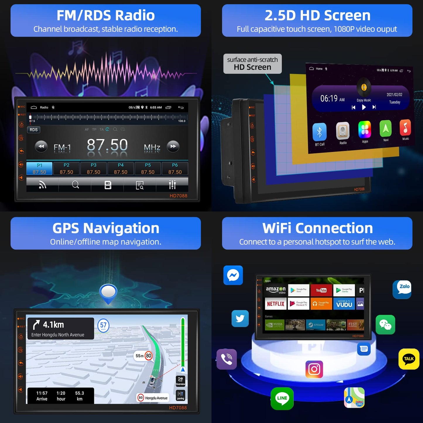 Podofo 2 Din car stereo with wireless Apple Carplay, Android Auto, Bluetooth. Android 13 Double Din car radio with 7-inch touchscreen display, WiFi, GPS, FM/RDS + rearview camera.