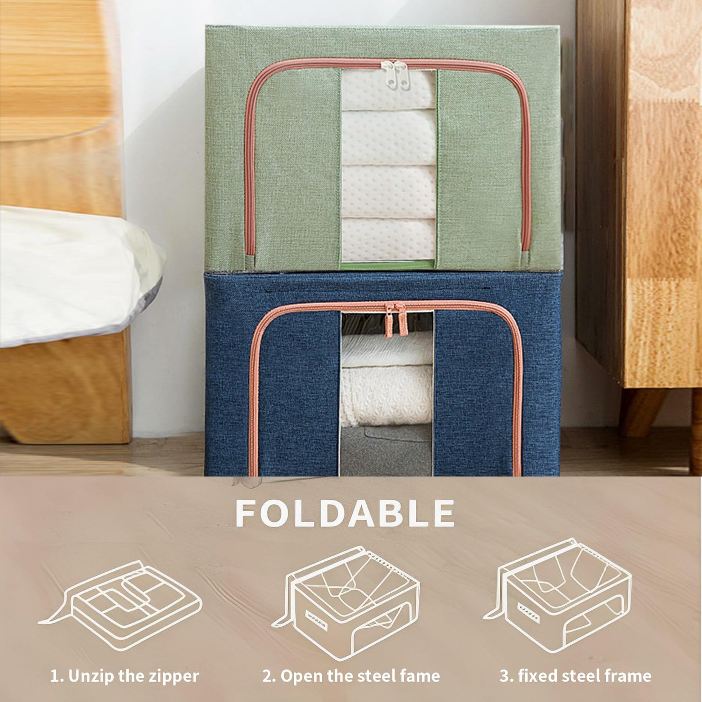 Mehrido Foldable Clothes Storage with Zipper, Metal Frame - 2 pcs 66L Stackable Clothes Bins - Storage Bag for Clothing Bedding Blankets Comforters (50x40x33 cm) (green)