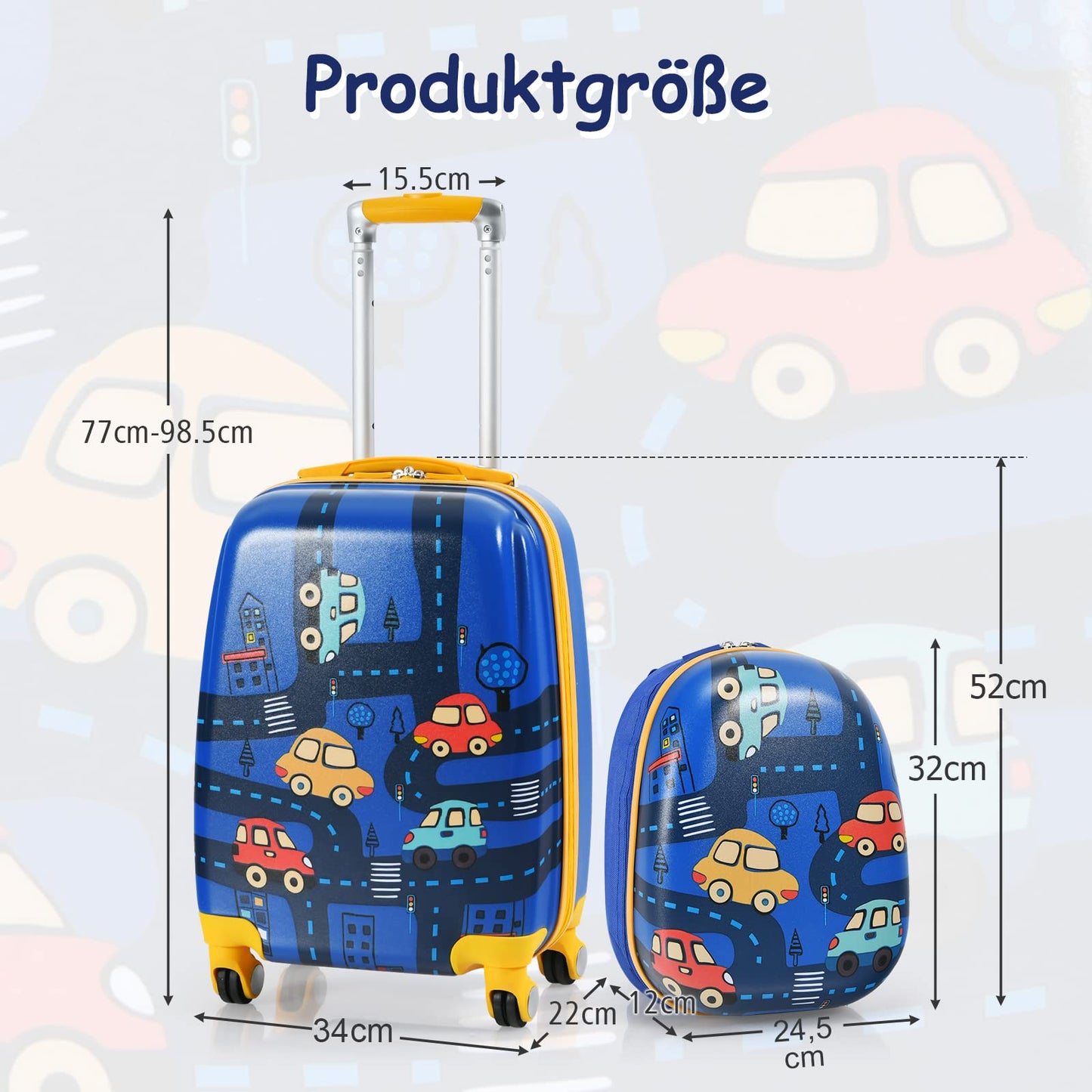 GOPLUS kids suitcase with backpack, kids trolley, children's luggage with wheels, travel suitcase with telescopic handle, hard shell suitcase for kids, children's trolley choice of colors (cartoon car, 12"+18")