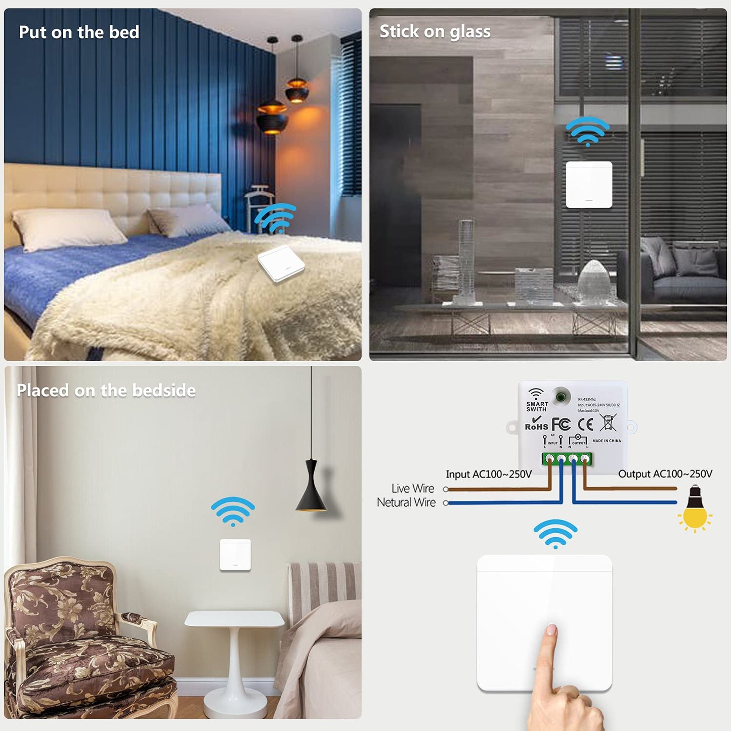 This RC radio light switch, radio transmitter security switch, and receiver controller 10A, easy installation for lamps up to 1500W.