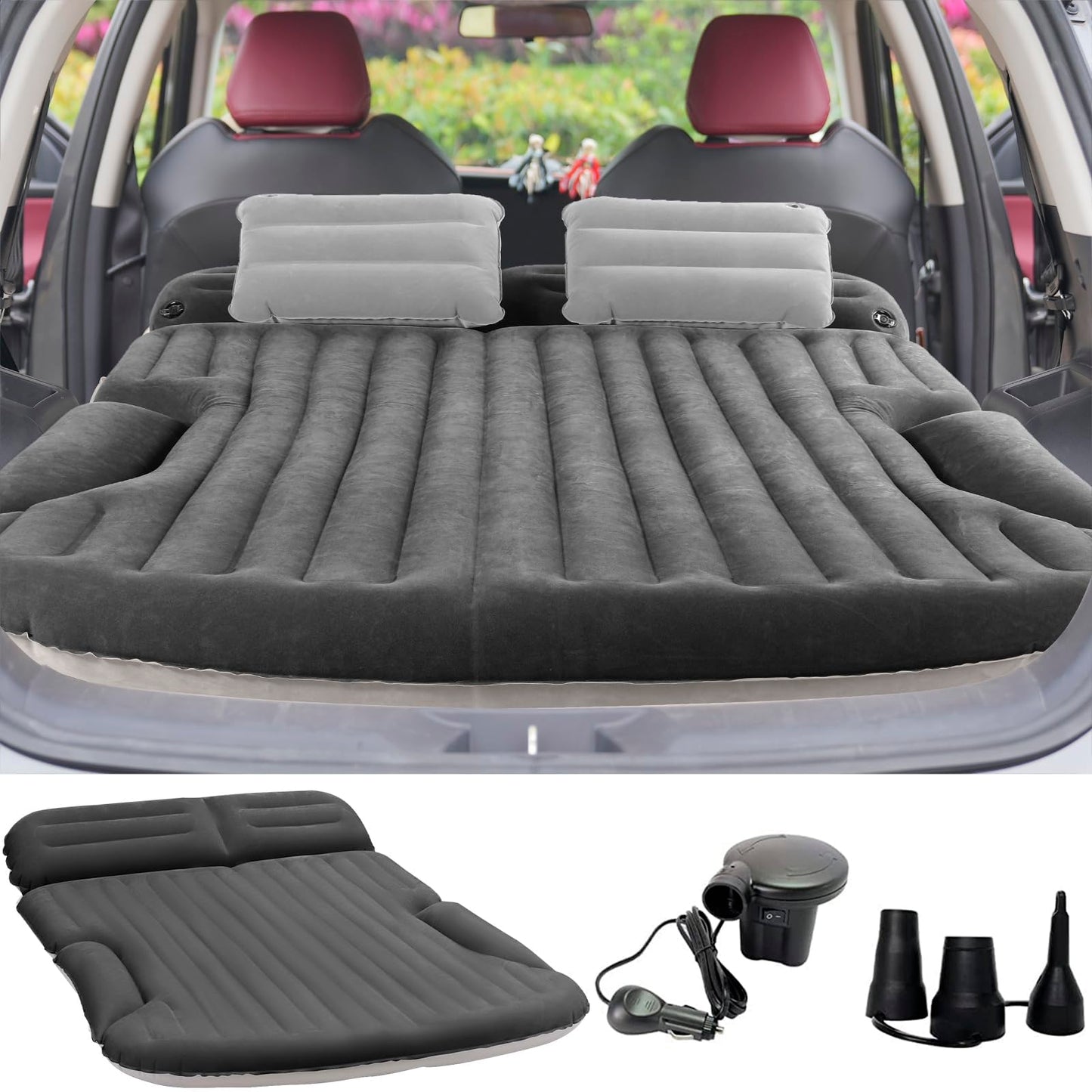 KMZ Car Mattress, 2 Pillows Car Air Mattress, Double-sided Thickened Flocked Auto Mattress Camping Inflatable Car Bed for Trunk Backseat (Dark Grey)