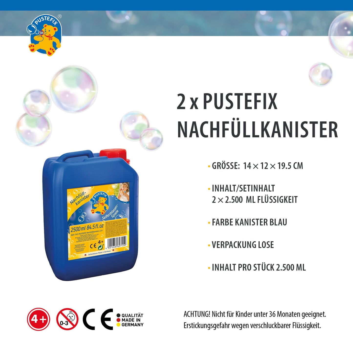 PUSTEFIX Refill Canister I 2 x 2.5 l Bubble Solution I Colorful Bubbles Made in Germany I Bubbles for Wedding, Kids' Birthday Parties, Summer Festivals I Colorful Bubbles for Children & Adults