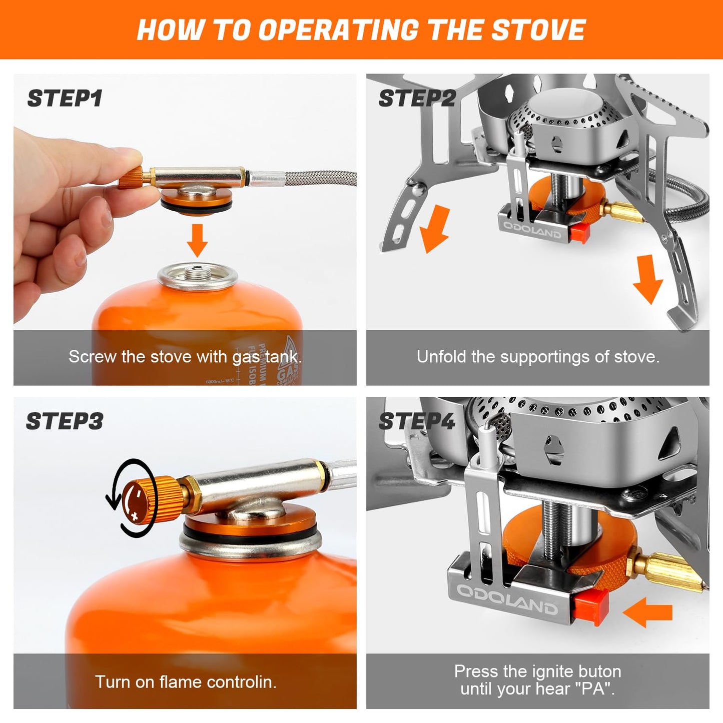 Odoland Camping Stove 3500W Gas Stove with Piezo Ignition, Windproof Gas Camping Stove for all Screw Cartridge Gas Burner, with Adapter Foldable Camping Stove Gray