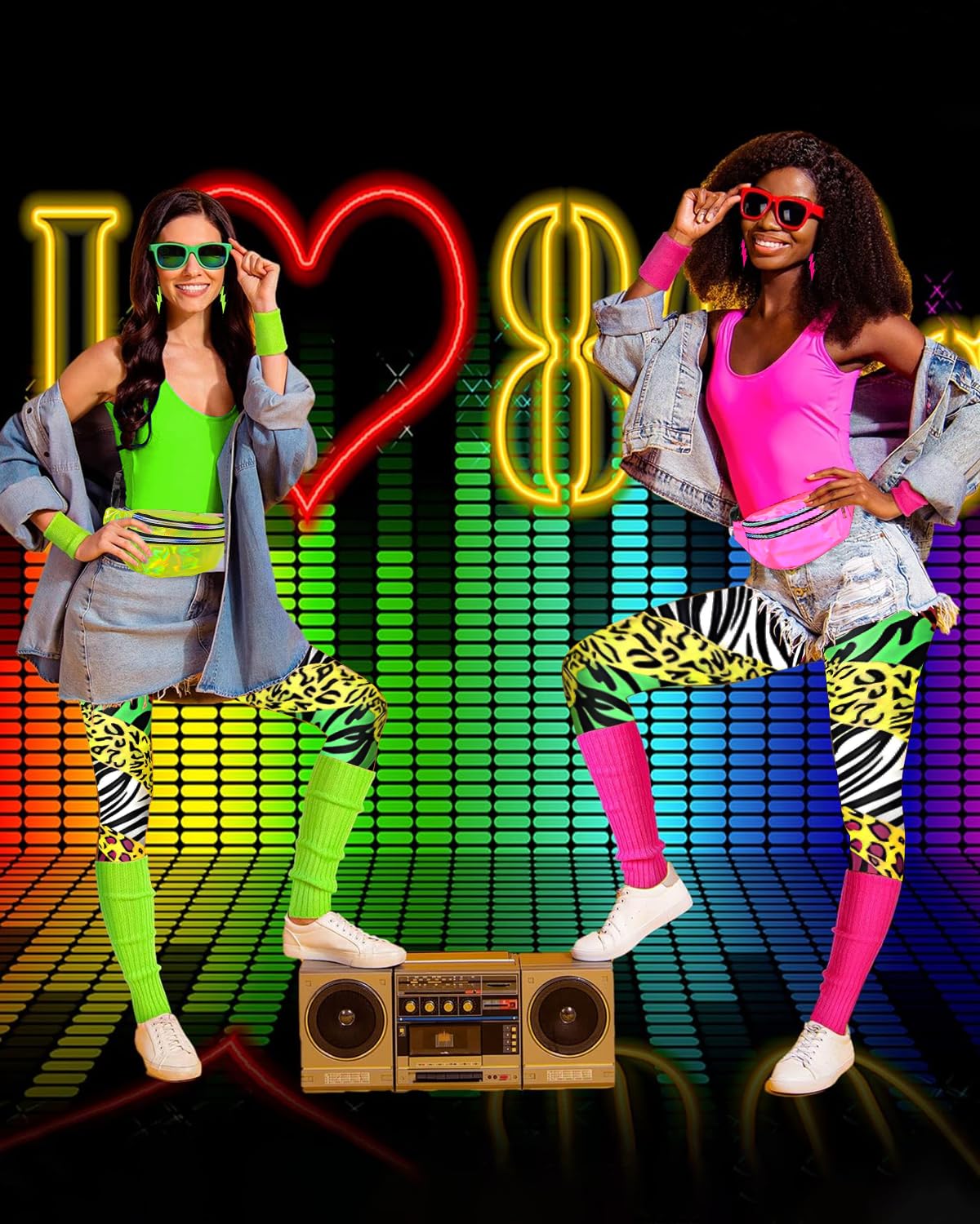 BIQIQI 80s Outfit Women Set Retro Tracksuit Costume 80s 90s Clothing Costume Accessories Clothes Jersey, Leggings, Headband, Bracelets, Leg Warmers, Earrings, Fanny Pack