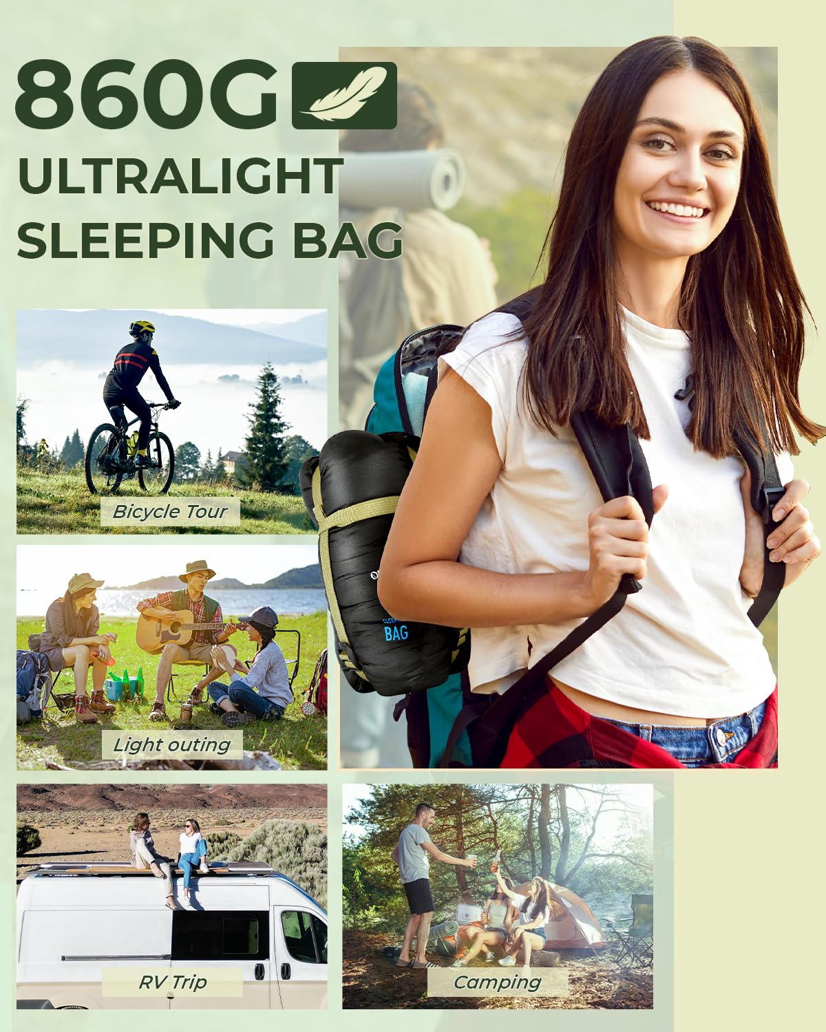 Outdoor sleeping bag, Ohuhu compact & ultralight (860g) for summer, portable lightweight waterproof blanket sleeping bag with compression sack for camping, backpacking, hiking, traveling, black