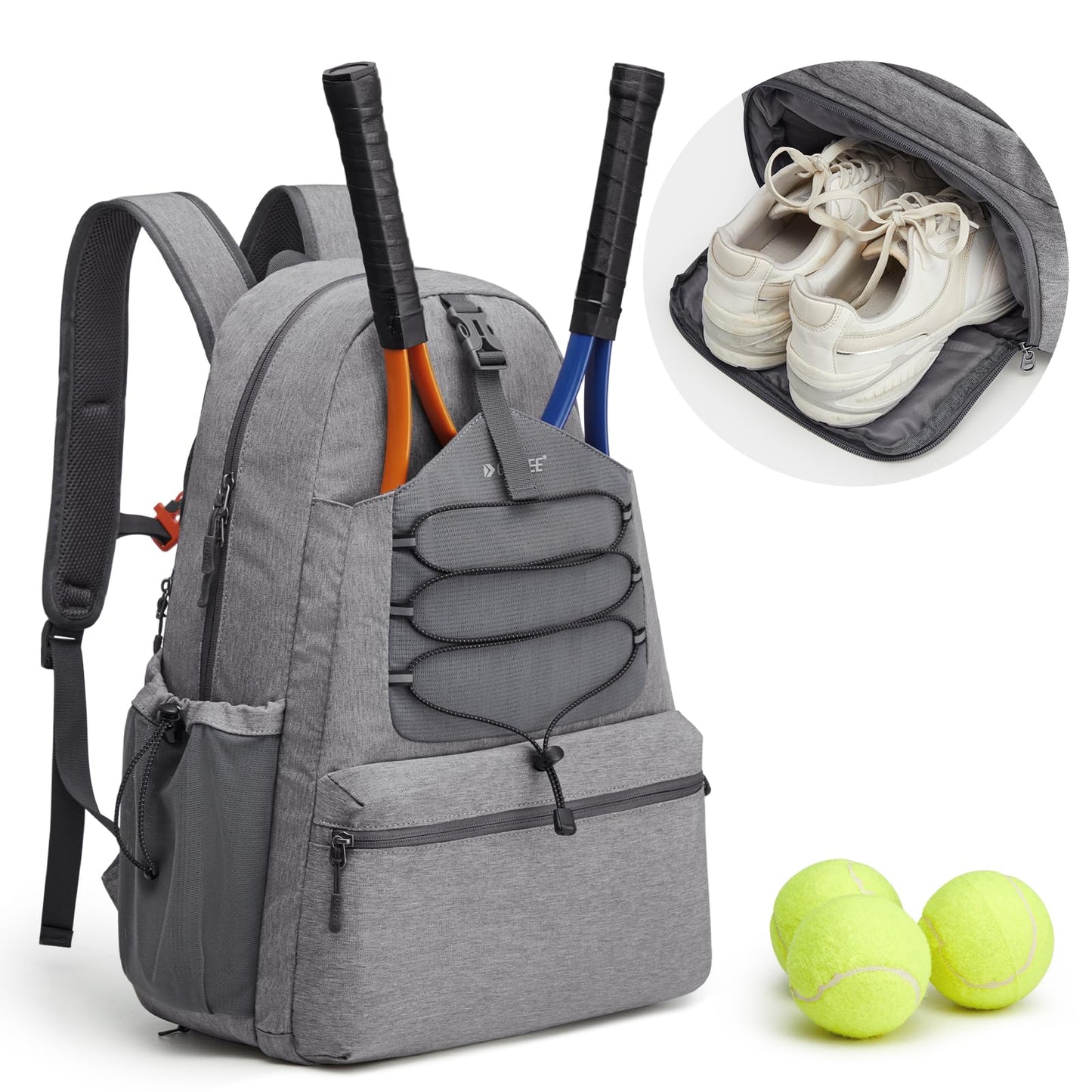 G4Free Tennis Bag, Tennis Backpack for men and women, large Pickleball bag, holds 4 rackets with shoe compartment, grey, L, Casual daypack