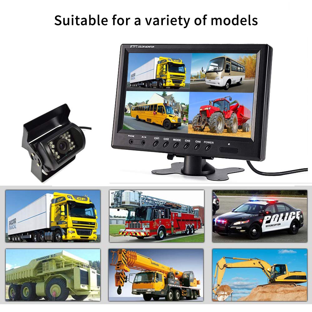 9 inch rear view camera set monitor with 4 pin cable, 4 waterproof night vision mirror cameras for trucks, RVs, trailers, caravans, and agriculture. 12V/24V/35V rearview camera cable for parking assistance.