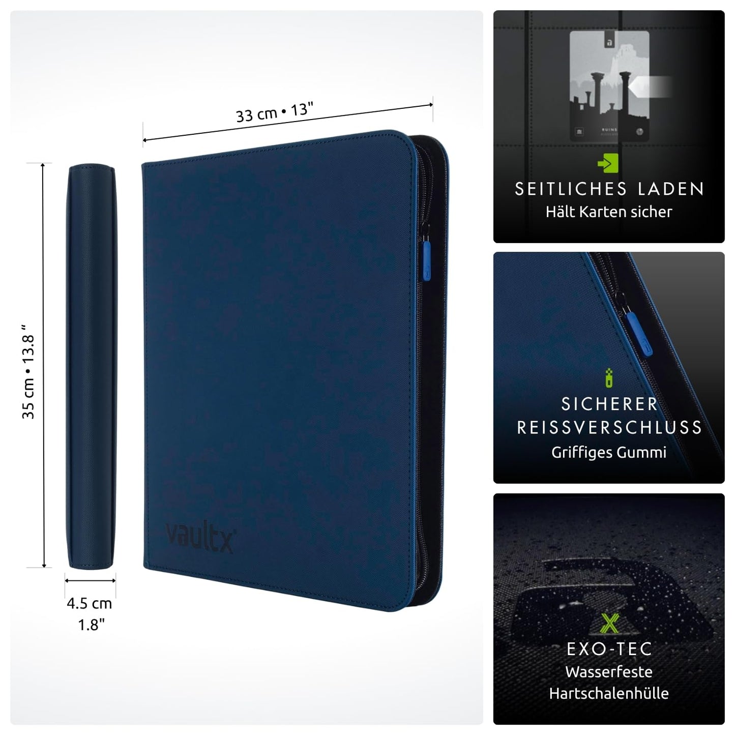 Vault X 12 XL Pocket Trading Card Binder with Zipper, 624 Cards, Premium Exo-Tec Album Material, 26 Side-Loading Pages, Collectible Folder for Trading Card Games, Sports Cards, TCG (Blue)