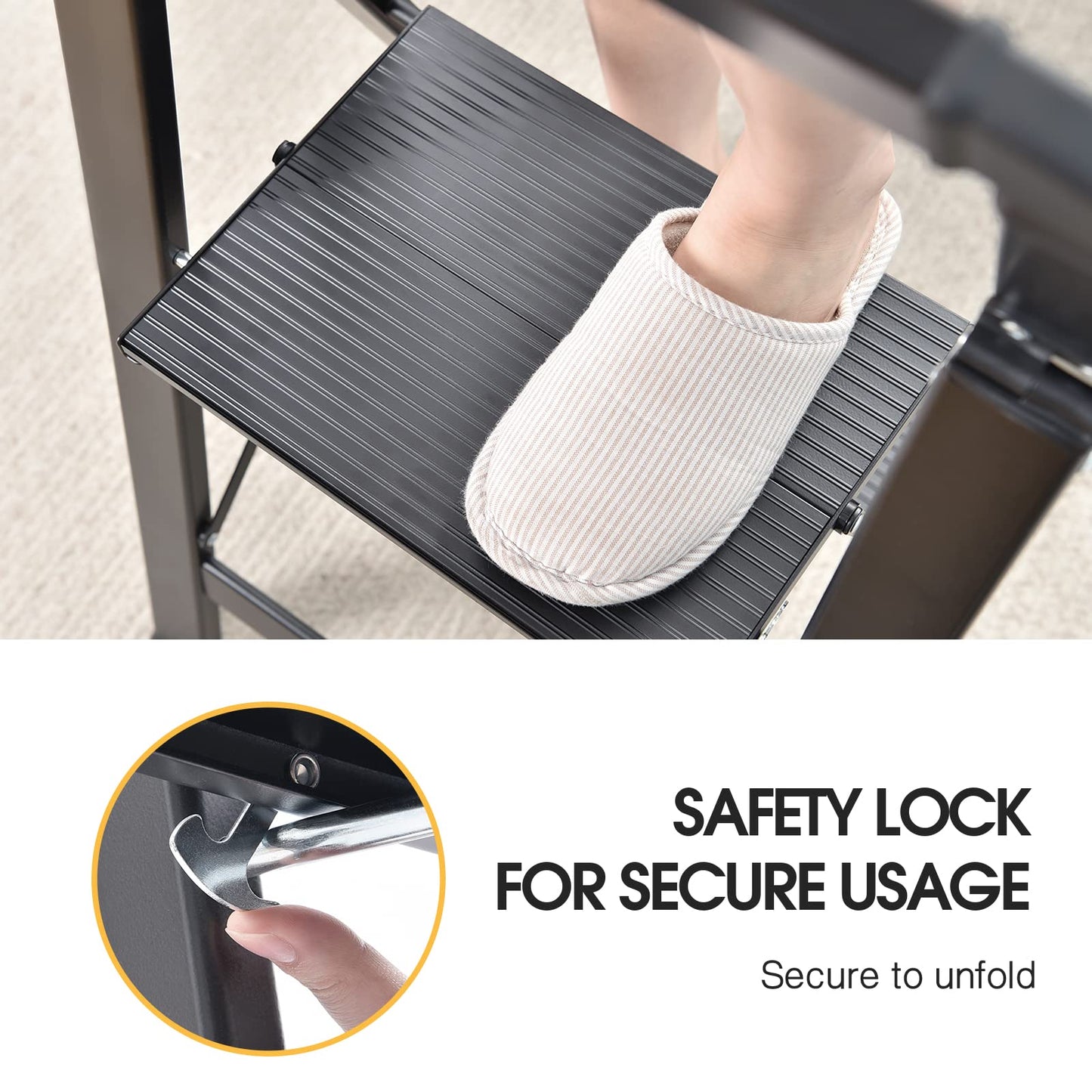 KINGRACK 2-Step Aluminum Ladder, Foldable Step Ladder with Handrail, Non-Slip Household Ladder with Folding Lock, Load Capacity up to 150 kg, for Home, Office, Garden, Black