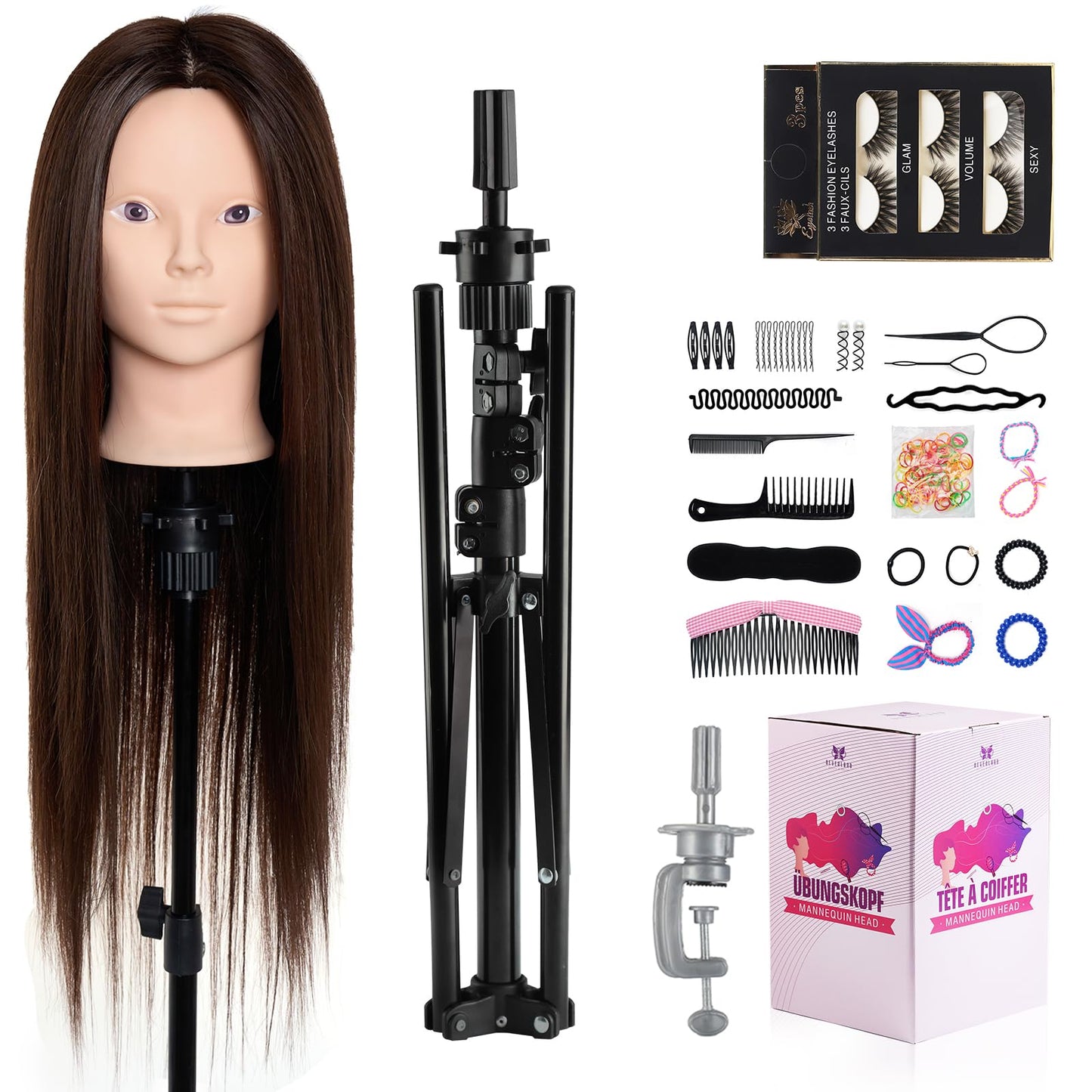 Neverland training head with stand - 71cm, 60% real hair. Perfect for practicing hairstyling and makeup. Comes with table clamp and DIY braid hair set.