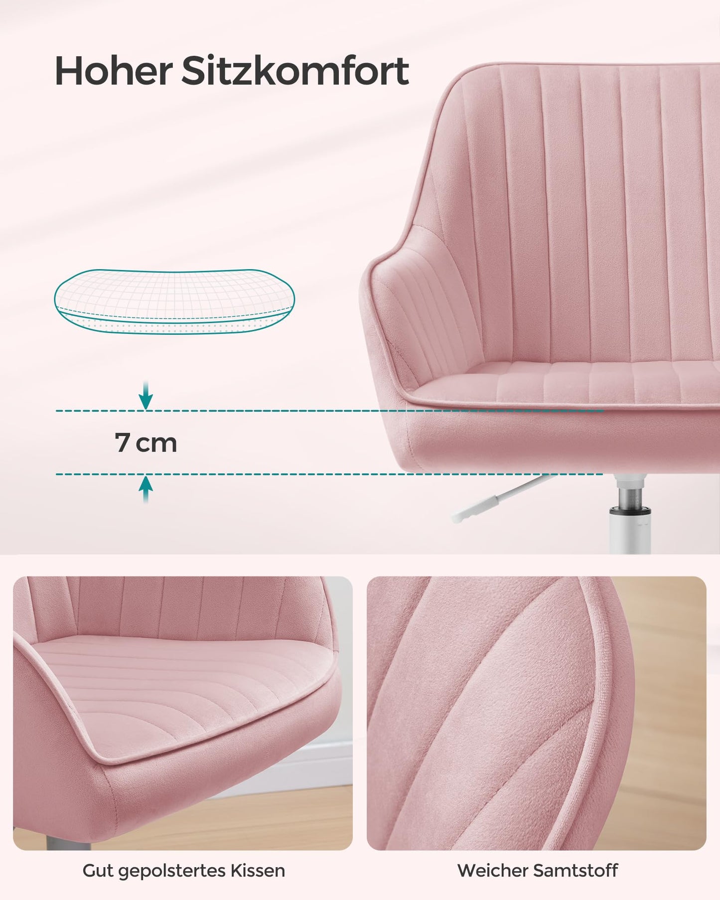 SONGMICS Office Chair, Swivel Chair with Velvet Cover, Foam Padding, Height Adjustable, for Home Office, Bar, Pastel Pink OBG012R01