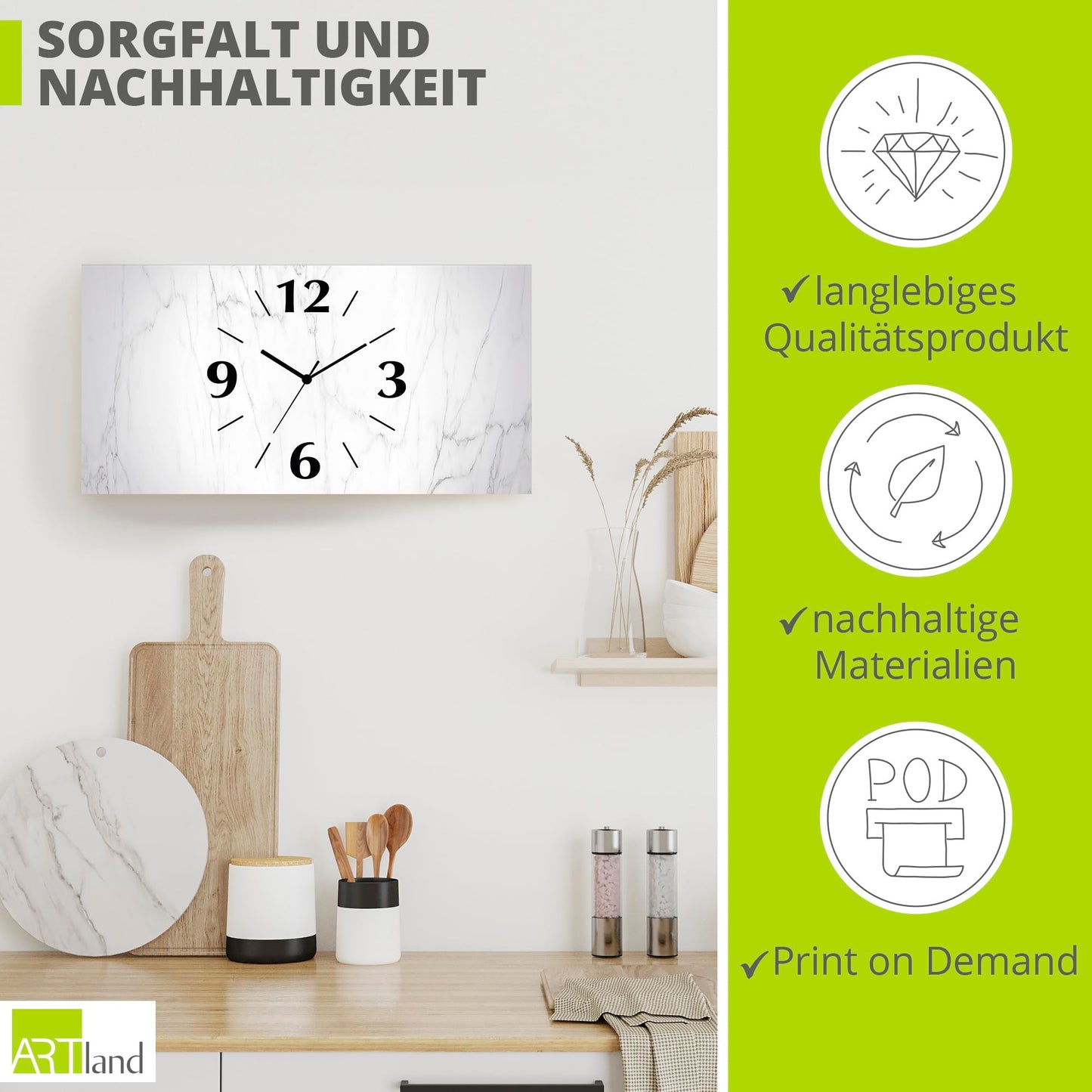 ARTLAND wall decoration wall clock without ticking noises Aluminum radio clock analog radio clock 60x30 cm White marble stone look U1RF
