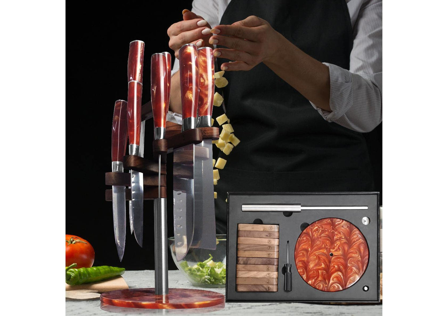Flint kitchen knife set 5 pieces, extremely sharp cooking knives made of high quality stainless steel, professional knife set with ergonomic resin handle in gift box.