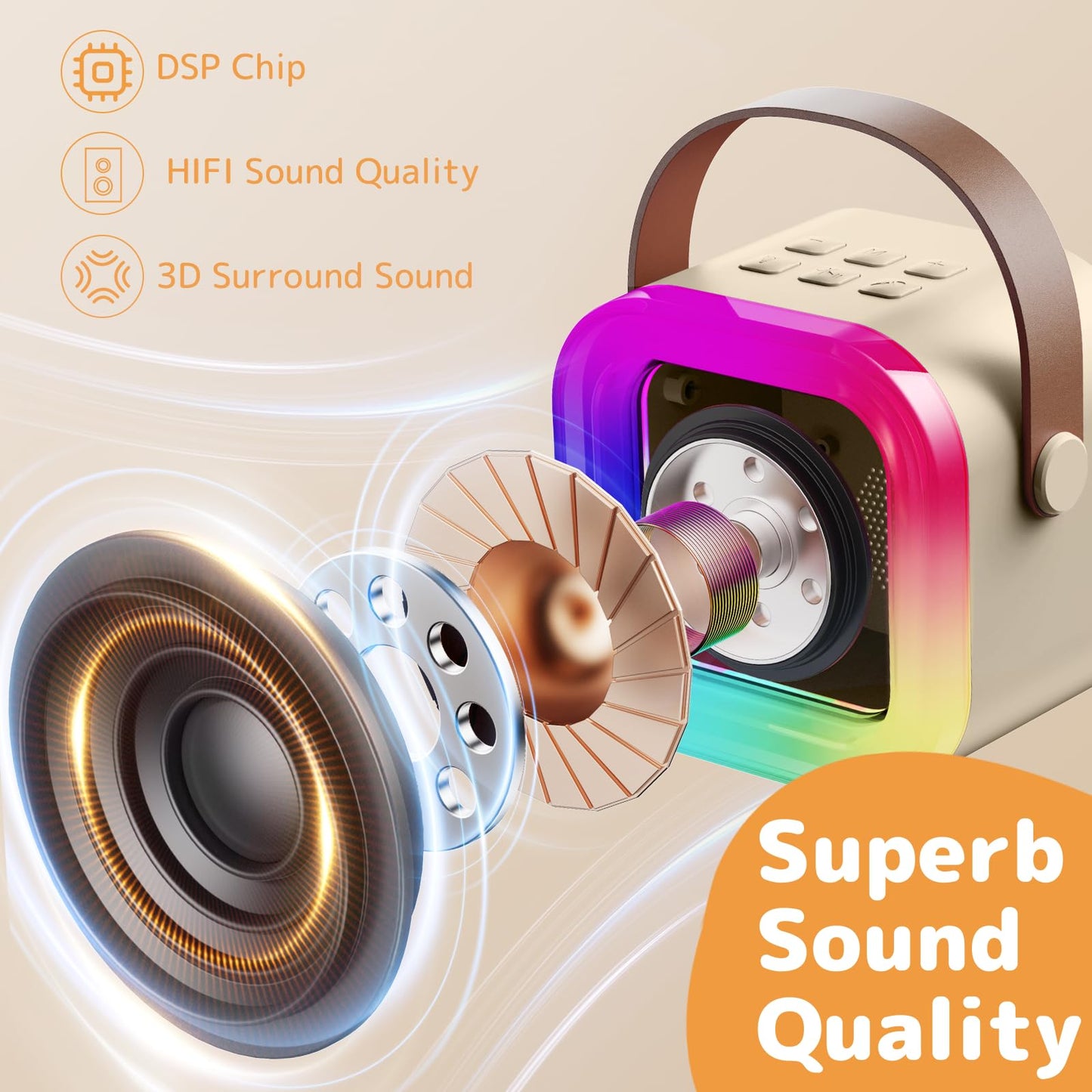 Great Karaoke Machine for kids and adults, Mini Karaoke Machine with 2 microphones, Portable Bluetooth speaker with voice effects & LED lights, Gifts toy for girls and boys.