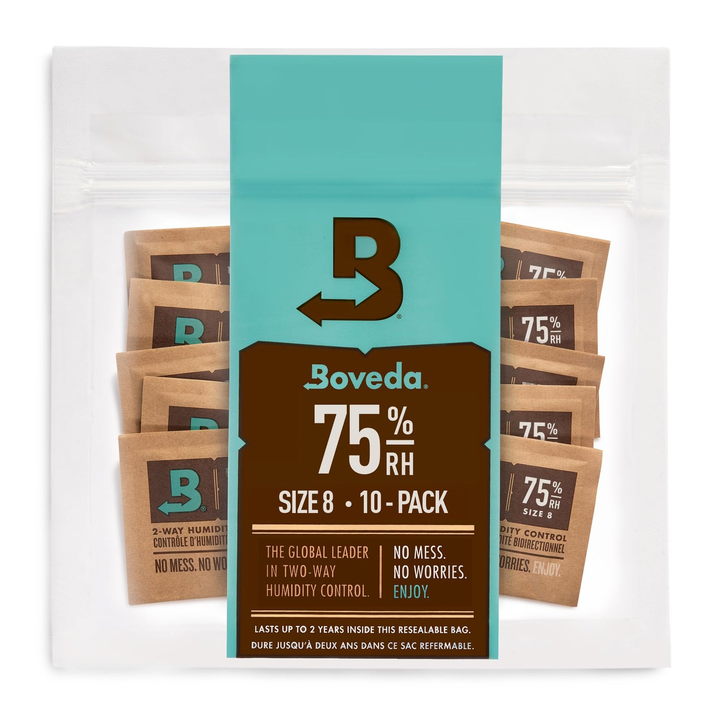 Boveda for cigars/tobacco | 2-way moisture regulation at 75% Relative Humidity | Size 8 protects up to 5 cigars | patented technology for cigar humidors | resealable packaging of 10 pieces