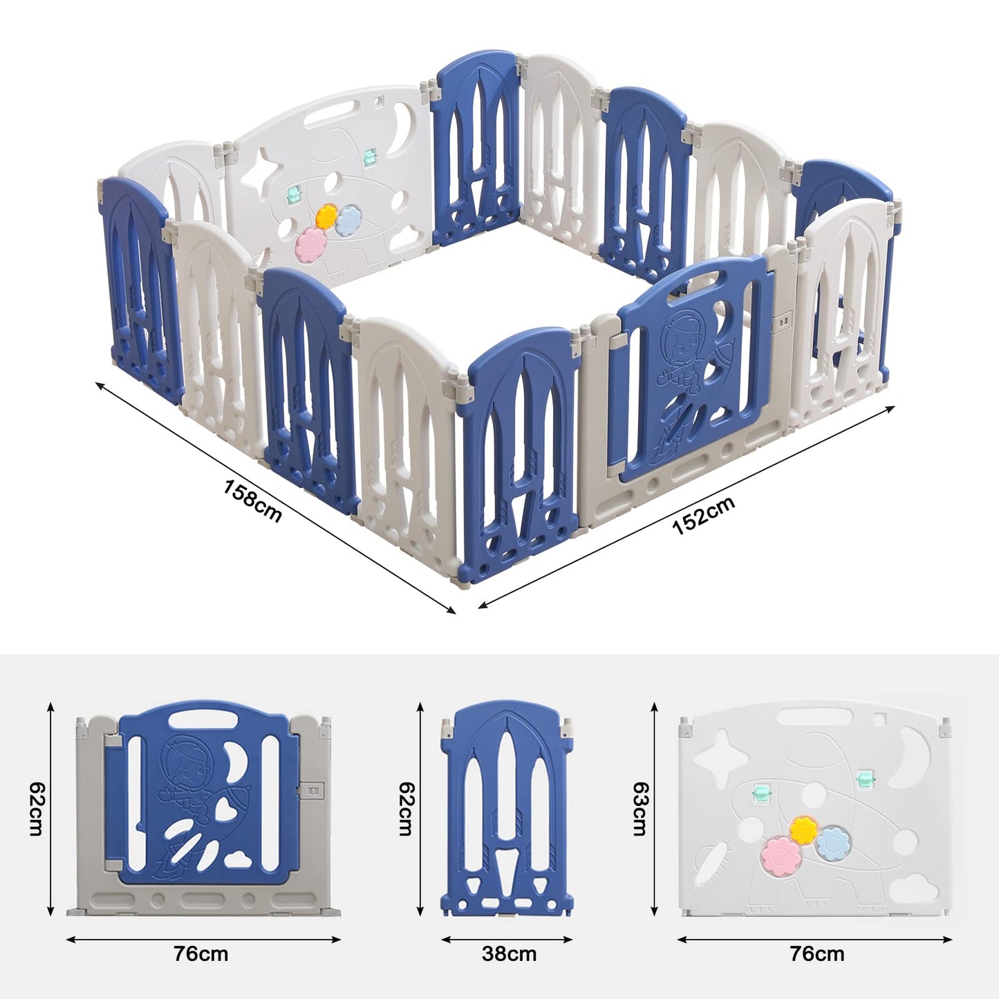 Foldable baby playpen, play yard with door and toy board, 12 panel blue+white baby gate, plastic playpen (12 pieces)