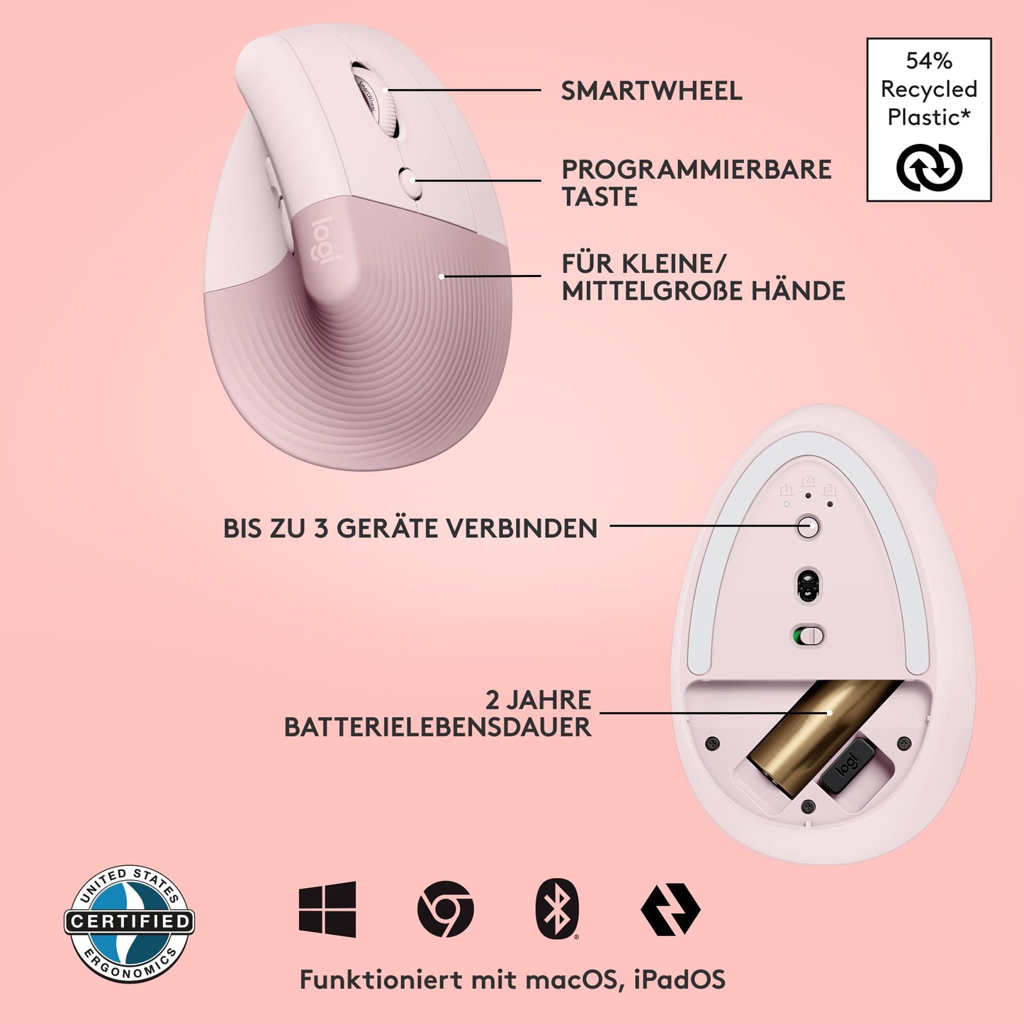 Logitech Lift Vertical Ergonomic Mouse, Wireless, Bluetooth or Logi Bolt USB receiver, Quiet clicks, 4 buttons, Compatible with Windows/macOS/iPadOS, Laptop, PC - Pink