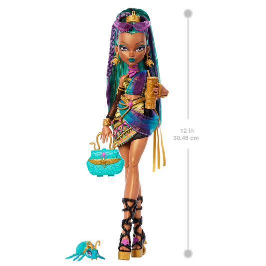 Monster High Nefera De Nile doll, royal mummy in dress with pet scarab Lavish and 7 accessories such as handbag, laptop, sunglasses, drink, and snacks, JDR48.