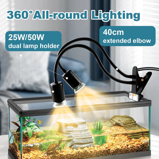 Testyu double ended turtle heat lamp, 25W+50W reptile heat lamp E27, UVA+UVB terrarium heat spot lamp with 2 basking spot bulbs for lizard, turtle, snake, chameleon, etc (black)