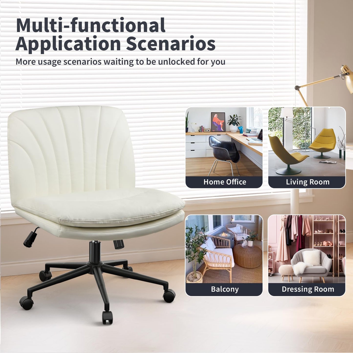 Naspaluro Office Chair Without Armrests, Desk Chair with PU Leather, Reading Chair with Wider Cushion for Cross-Legged Sitting, Rocking Function, Height Adjustable, 360° Swivel Chair for Home, Cream Color