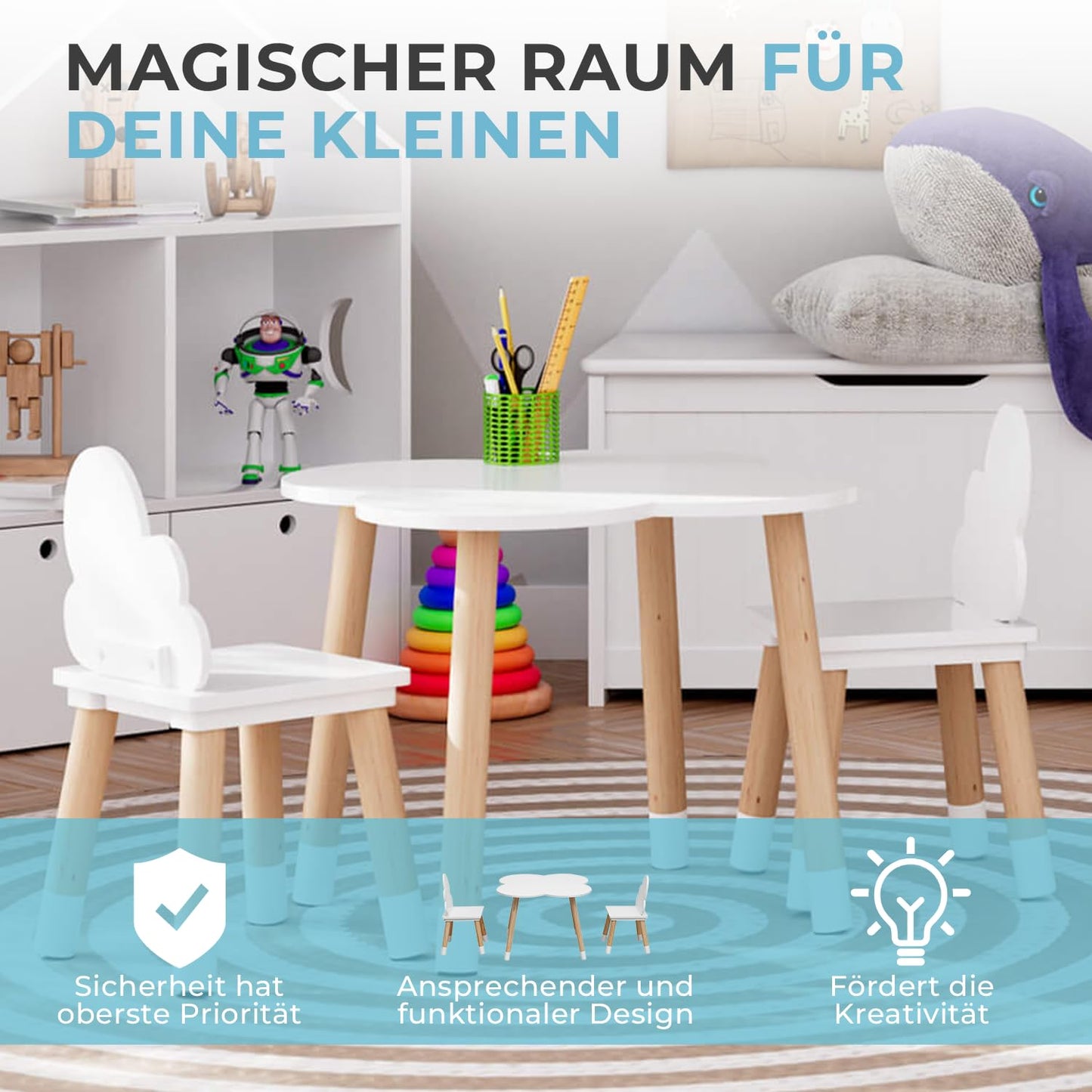 Rebecca Mobili Children's Table and Chairs Set, Chairs and Table for Kids' Room Furniture Light Brown White, MDF, Nordic Style - Size: 44 x 60 x 60 cm / 50 x 25 x 25 cm - Art. RE6733