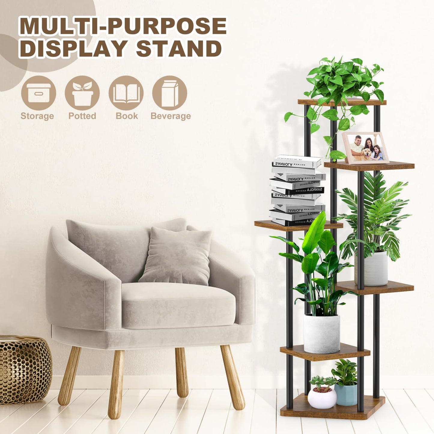 YOCOMEY 6-Tier Wooden Flower Rack Plant Stand, Multilayer Flower Shelf Plant Shelf Flower Bench Flower Staircase Plant Staircase Display Shelf for Indoor Garden Balcony Decor (Black)