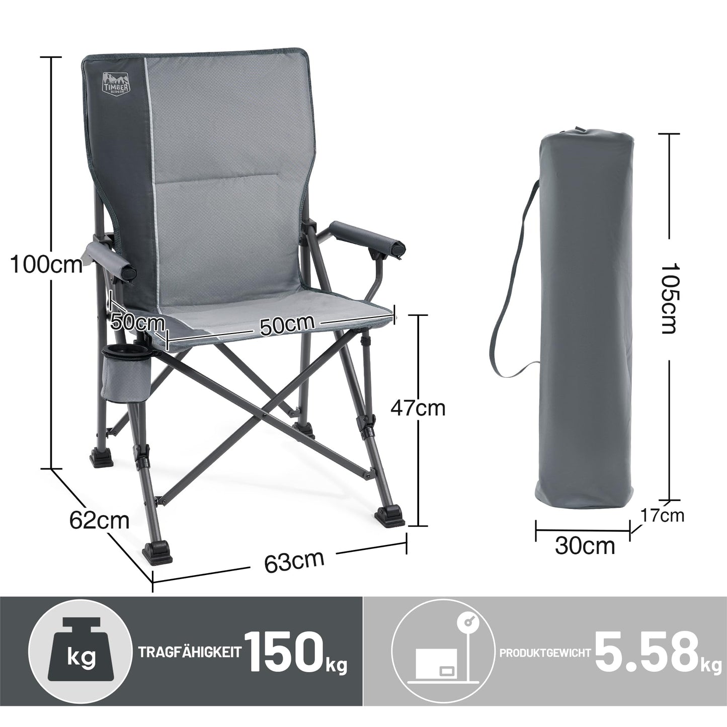 TIMBER RIDGE folding camping chair with high backrest, 150kg capacity, portable with drink holder, sturdy armrest. Perfect for picnics, garden, balcony, and sports events.
