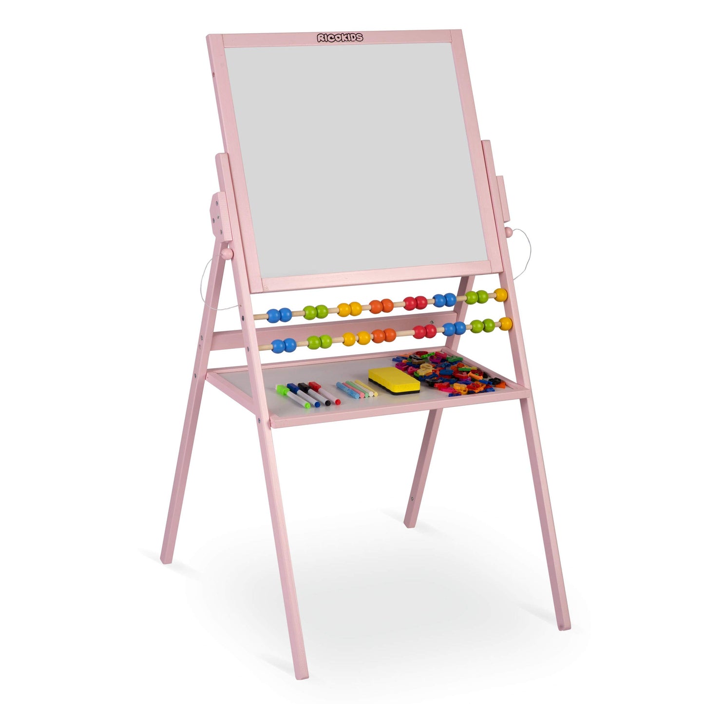 Children's magnetic whiteboard and chalkboard with wooden easel, Ricokids (pink)