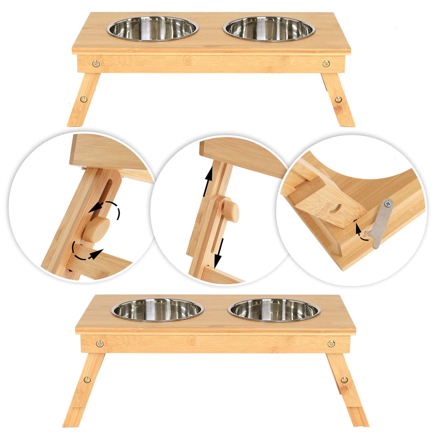 Lionto adjustable dog bowl made of durable bamboo, 45x23 cm, height 14.5-18.5 cm, double feeding bowl for dogs & cats, 2 dishwasher-safe stainless steel bowls with a capacity of 15 cm in diameter and 700ml each.
