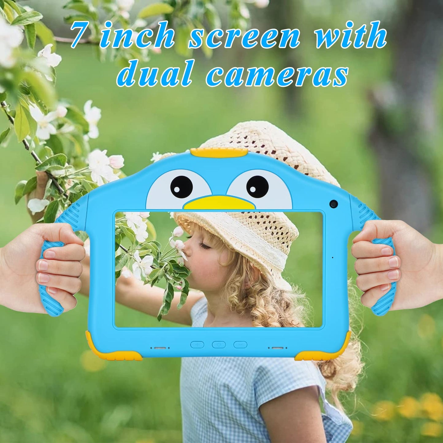 okulaku Kids Tablet 7 Inch Android Tablet for Kids Toddler 32GB Dual Camera Bluetooth Eye Protection Child Tablet from 3 with Child-Friendly Case Kids Tablet YouTube (Blue)