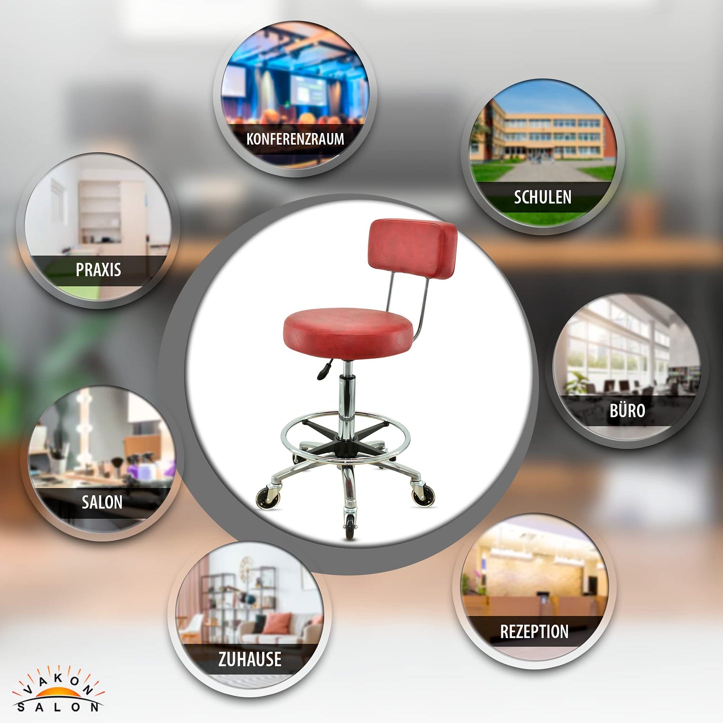 VAKON SALON - Premium rolling stool in red with backrest and foot ring - Height adjustable 55-75 cm - Round seat swivel stool work stool practice stool