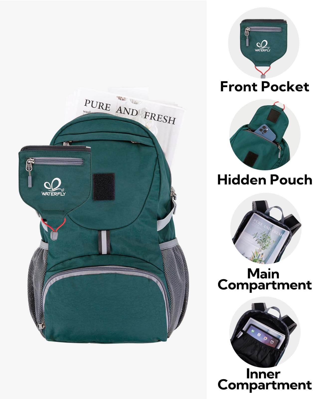 WATERFLY Ultralight Foldable Small Backpack: 20L Lightweight Packable Hiking Daypack Trekking Backpack Outdoor Athletic Backpack Travel Daypack for Men Women (Dark Green)